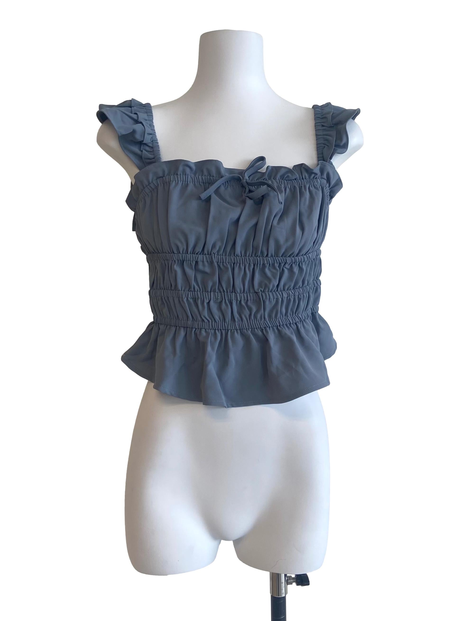 Stone Blue Sleeveless Ruffled Blouse