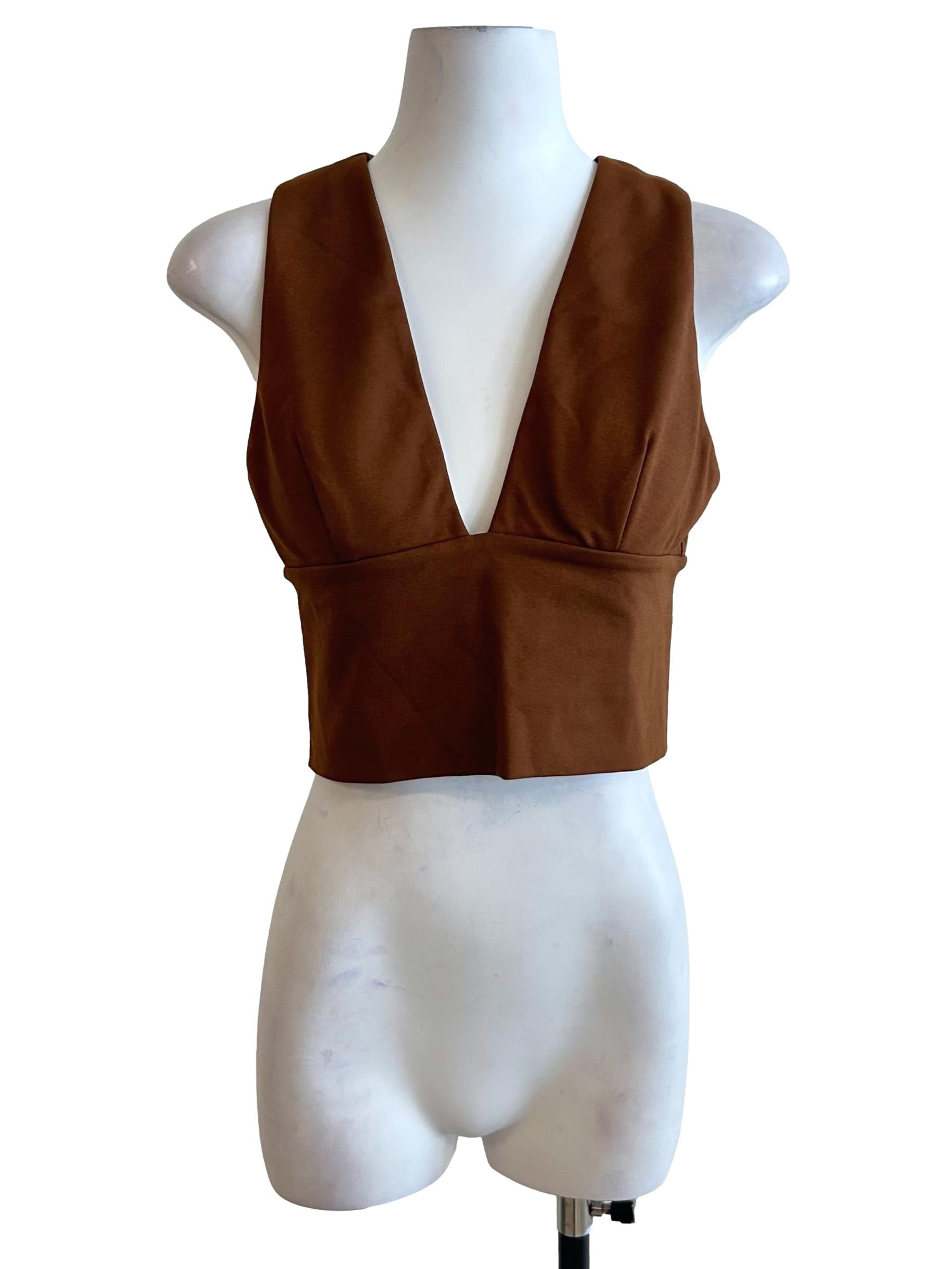 Tawny Brown Deep V Neck Crop