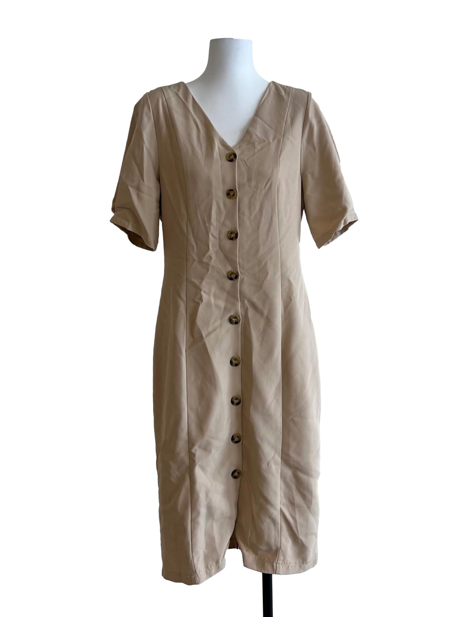 Beige Button-Front Dress
