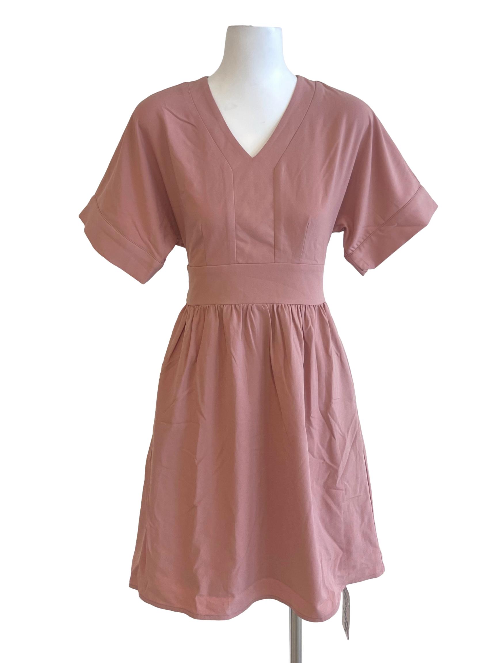 Peach V Neck Short Sleeve A Line Dress