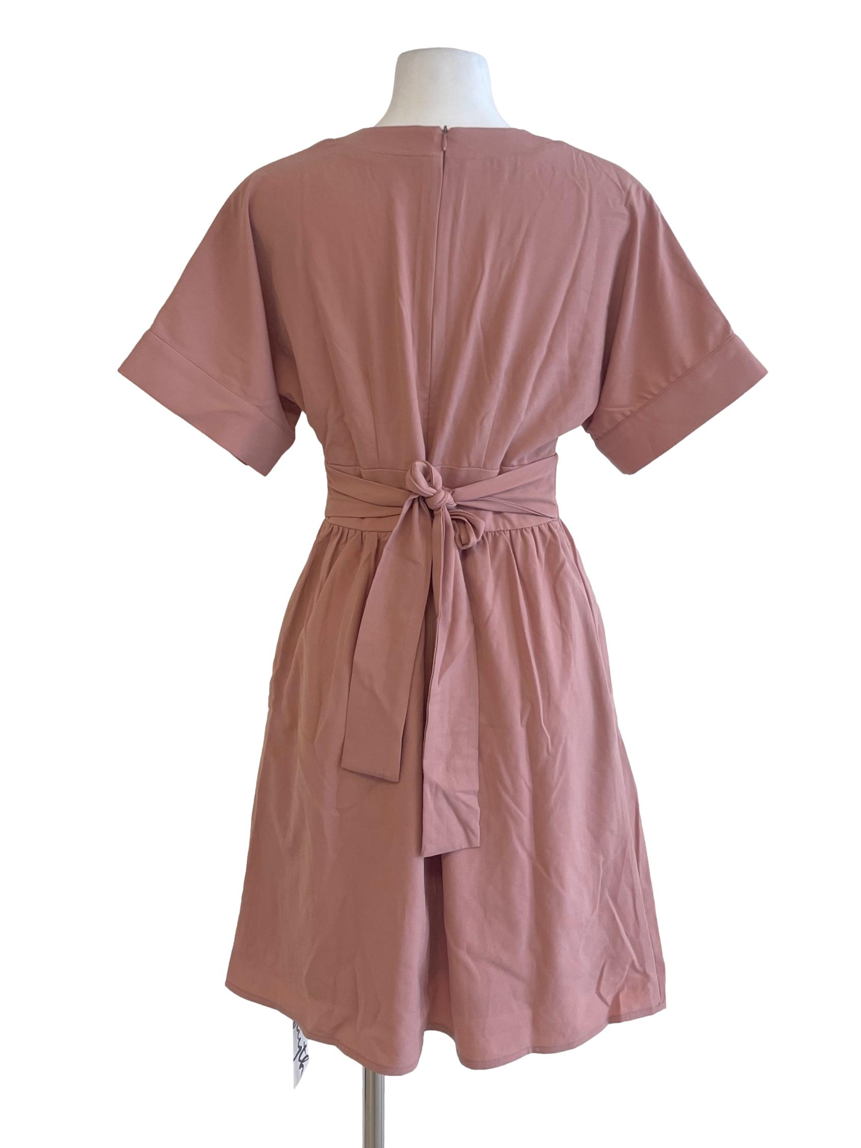 Peach V Neck Short Sleeve A Line Dress