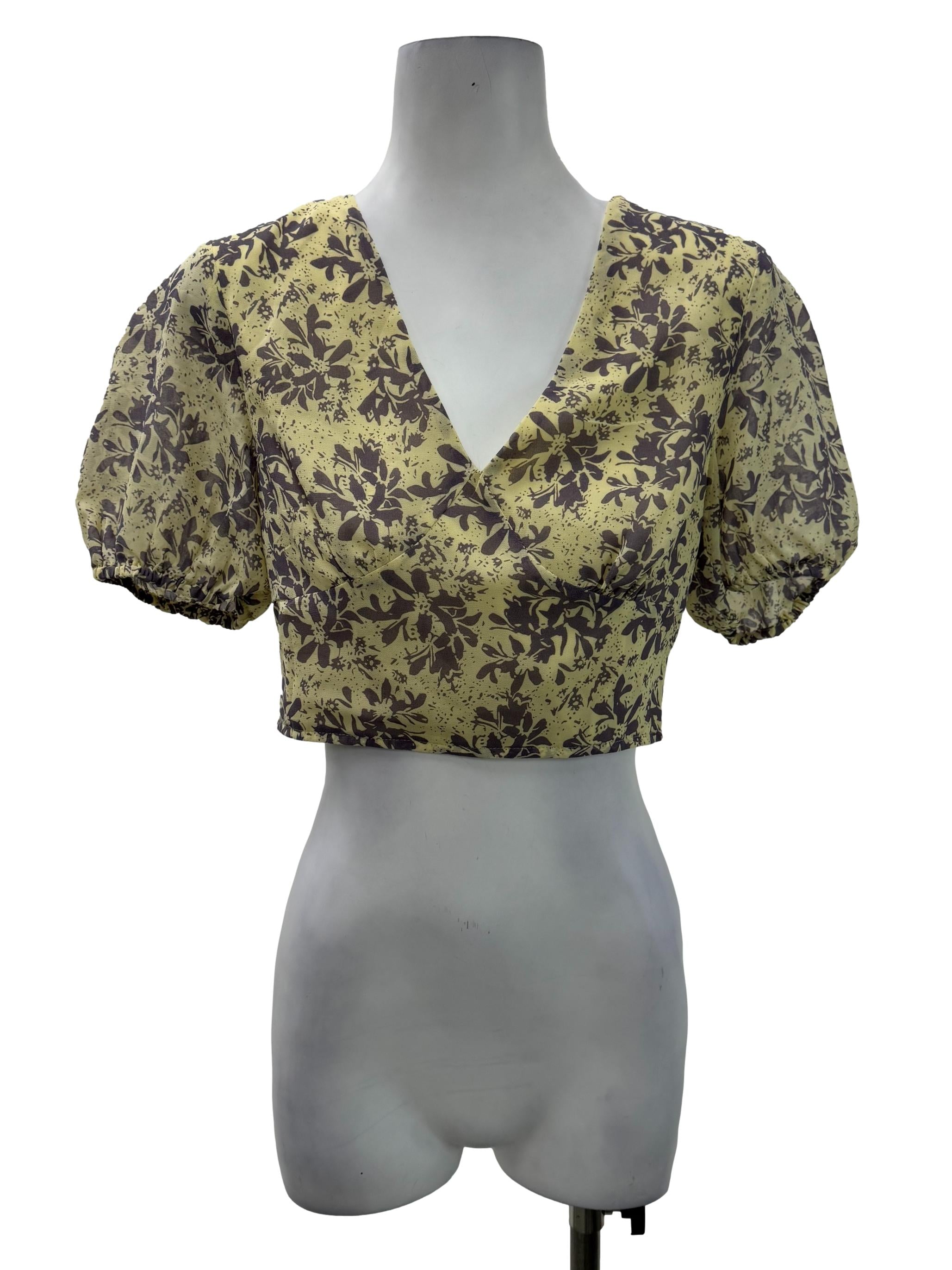 Purple Flower Balloon Sleeves Blouse