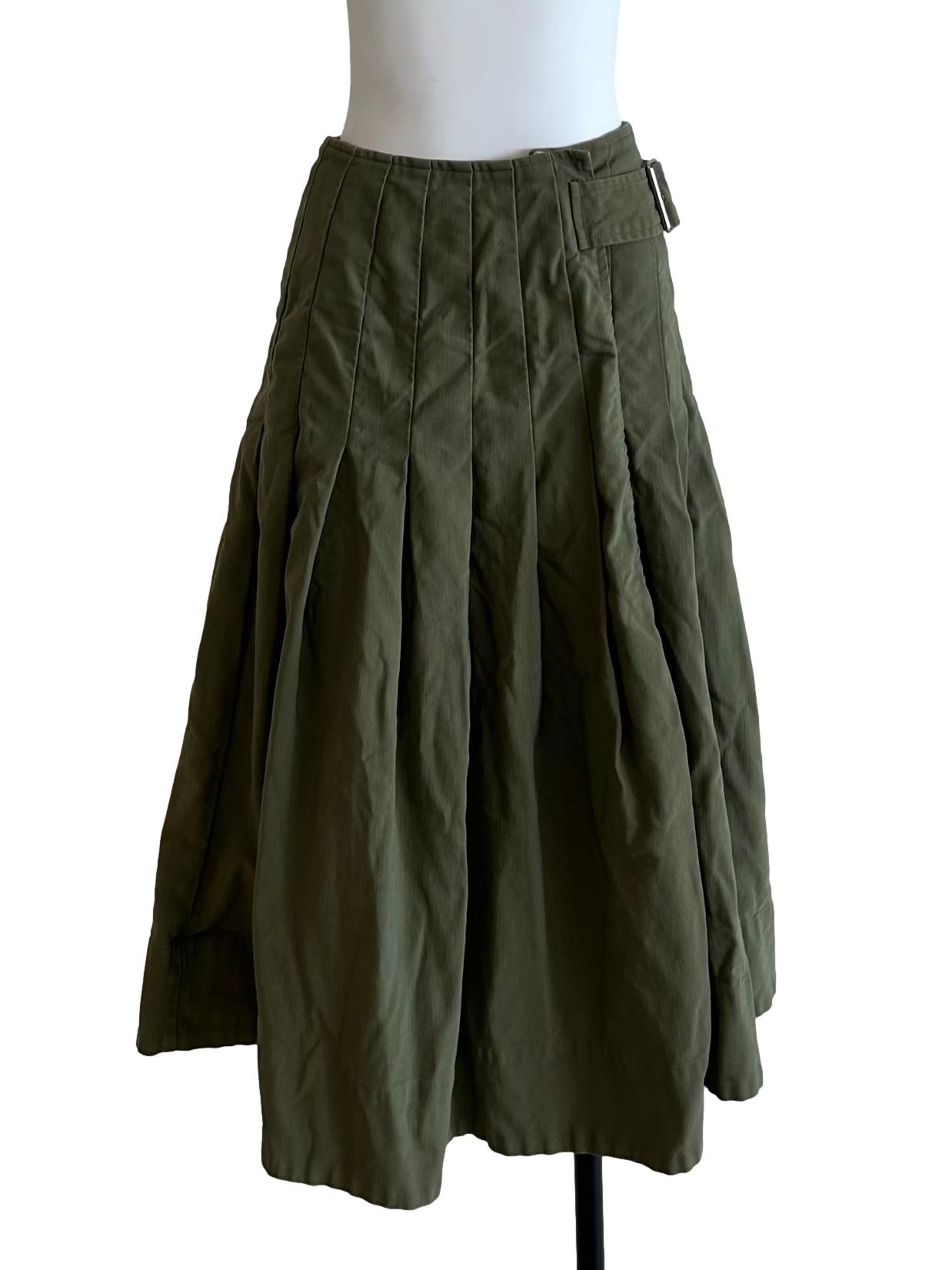 Khaki Green Pleated Asymmetrical Buckled Skirt