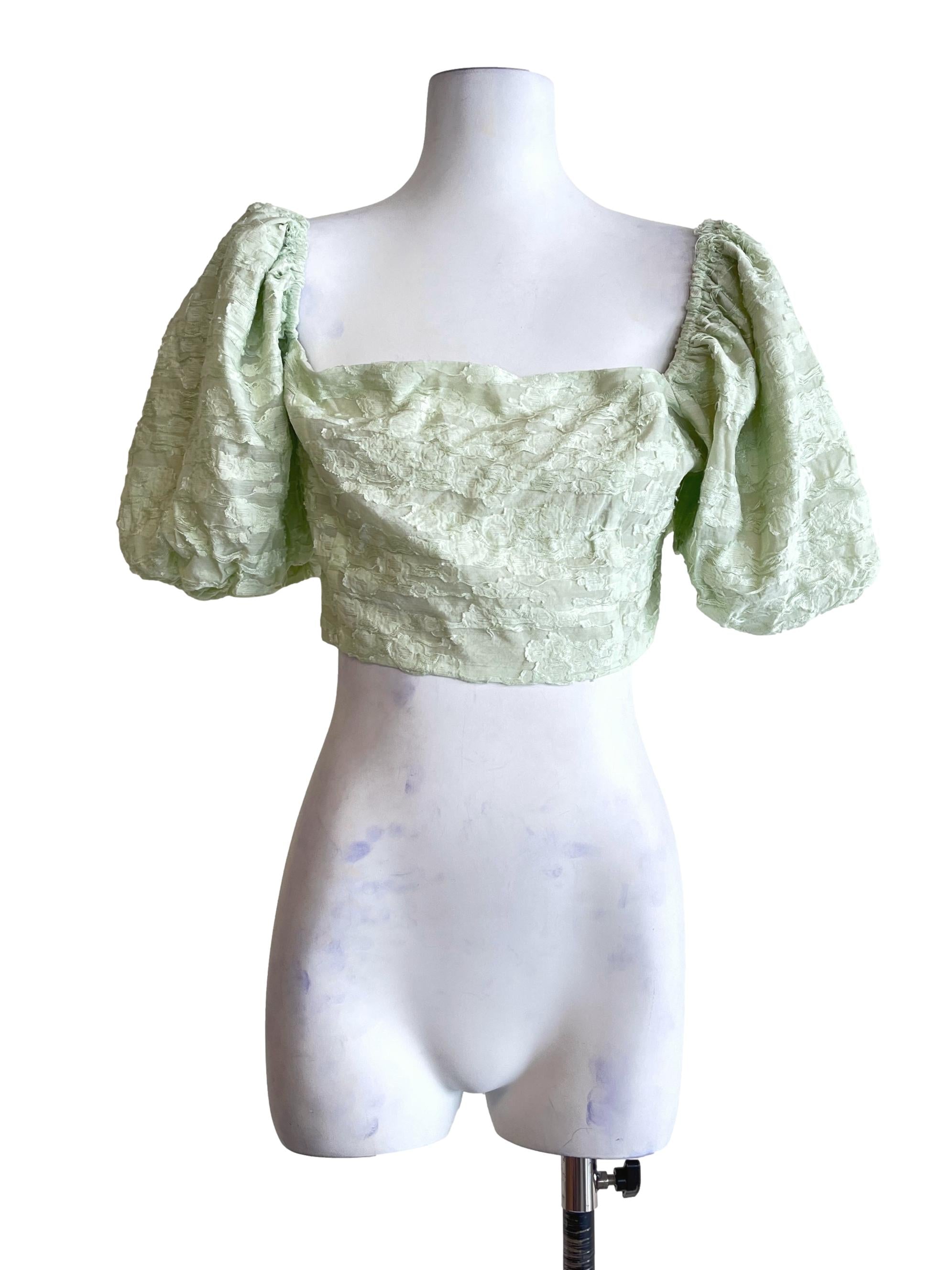 Mint Green Square Puff Sleeve Cropped Top