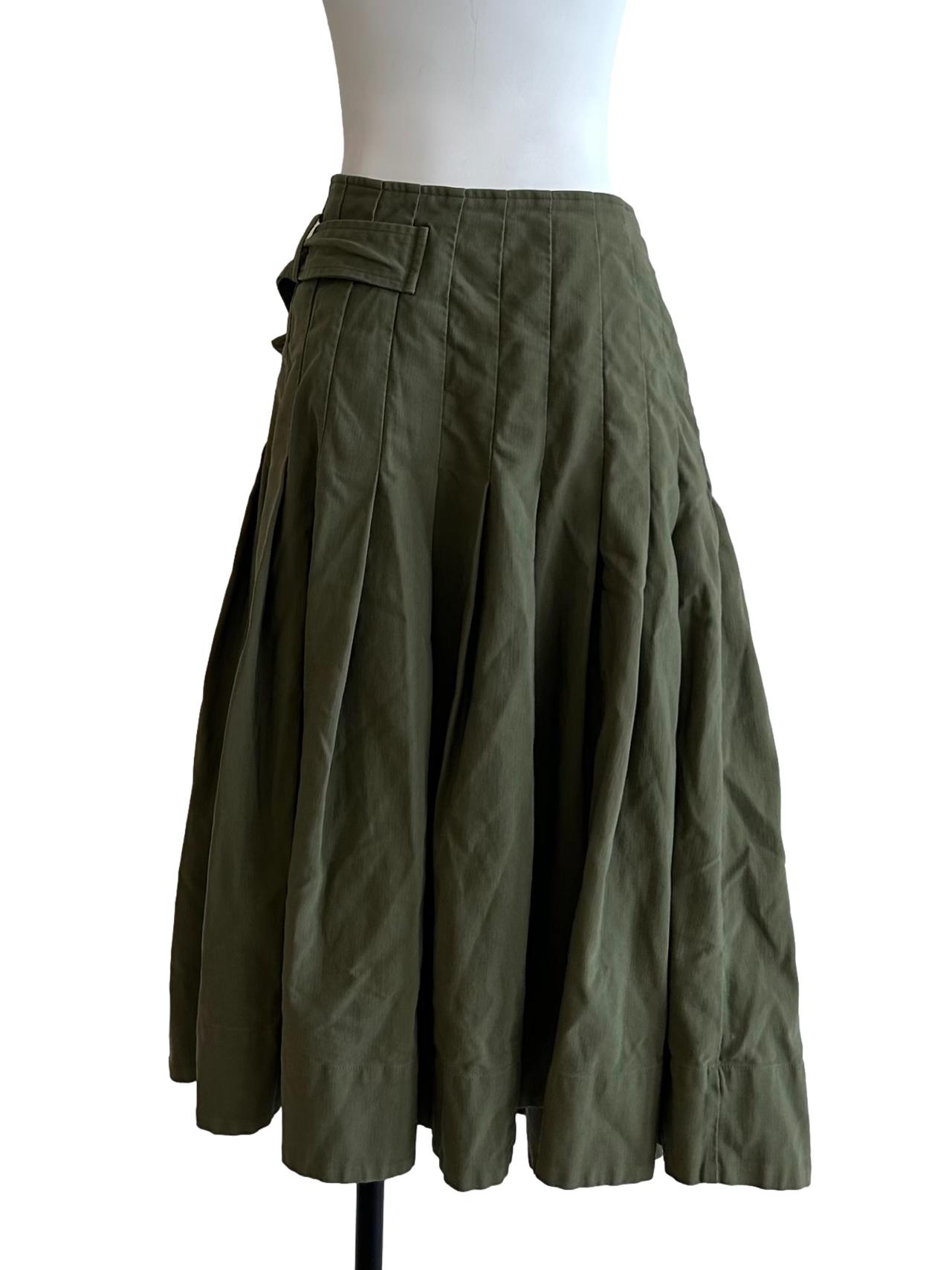 Khaki Green Pleated Asymmetrical Buckled Skirt