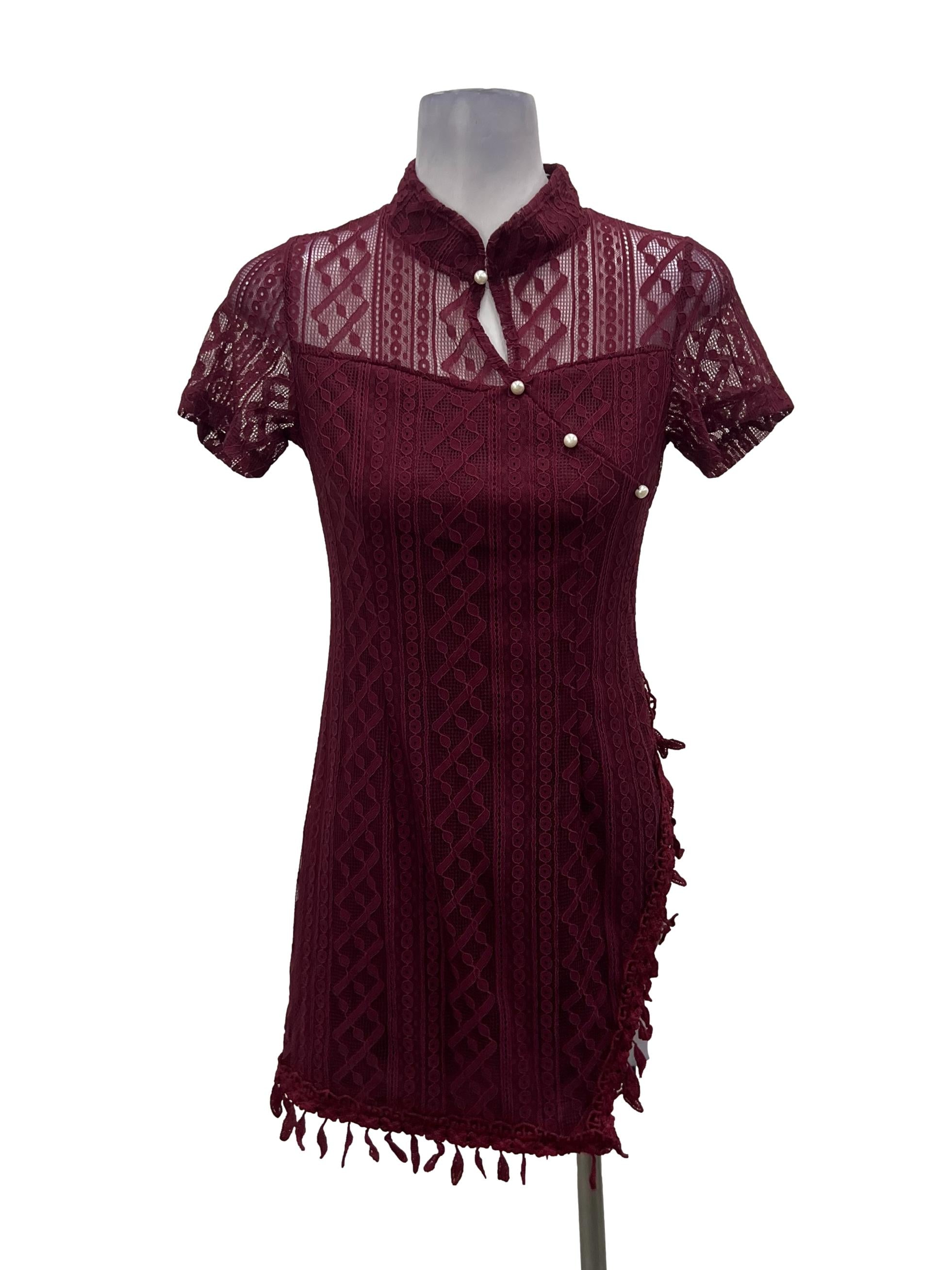 Mahogany Red Lace Cheongsam Mini Dress