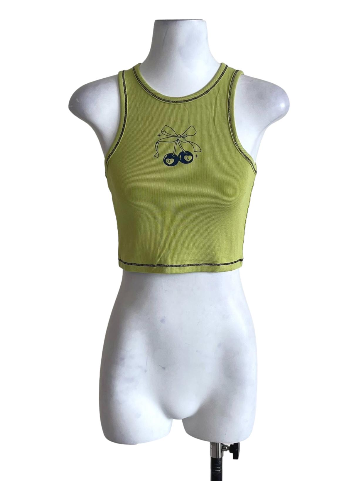 Green Cherry Contrast Racercut Top