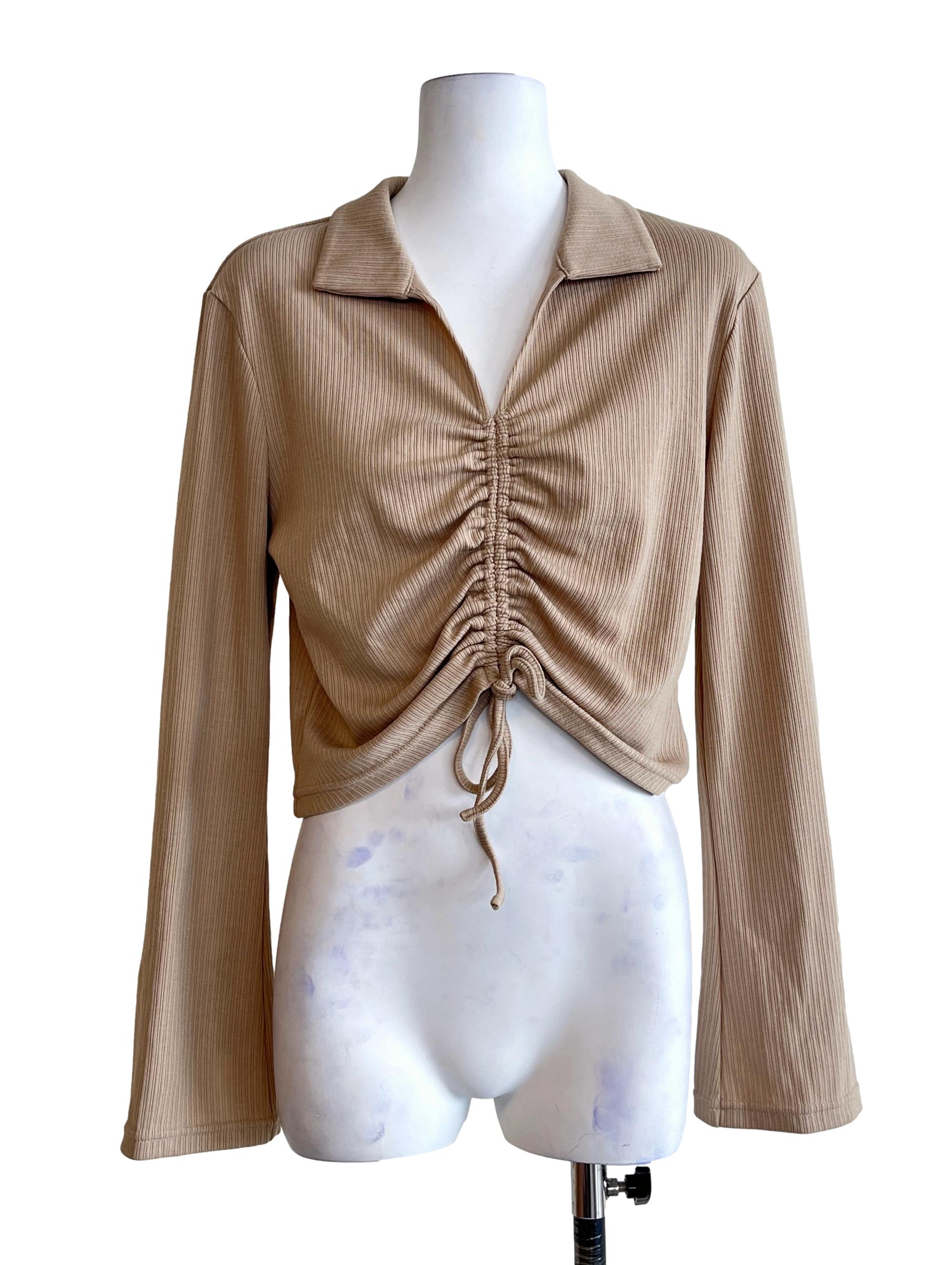 Tortilla Brown Collar Neck Long Sleeve Top