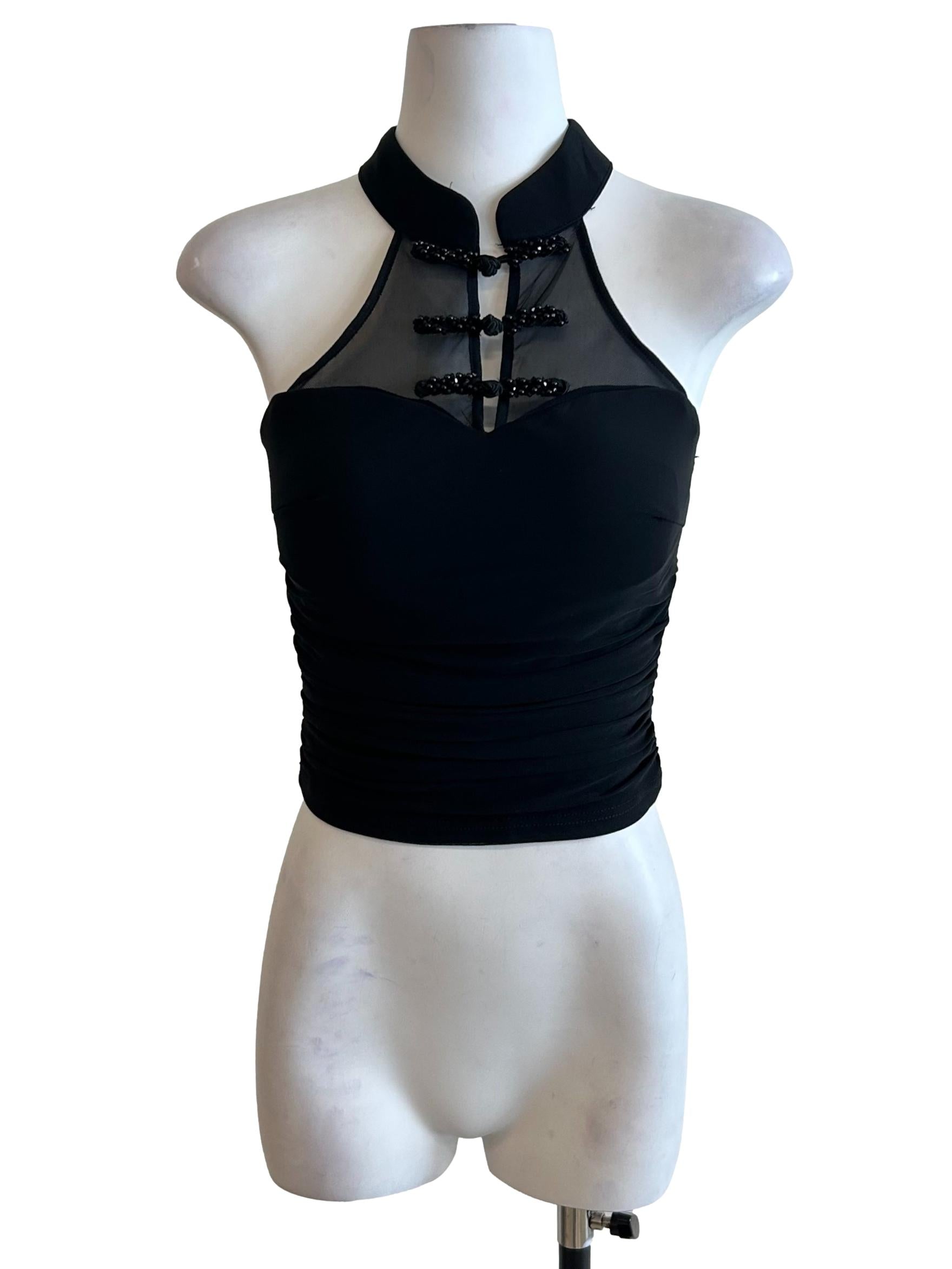 Black Beaded Mesh Halter Top
