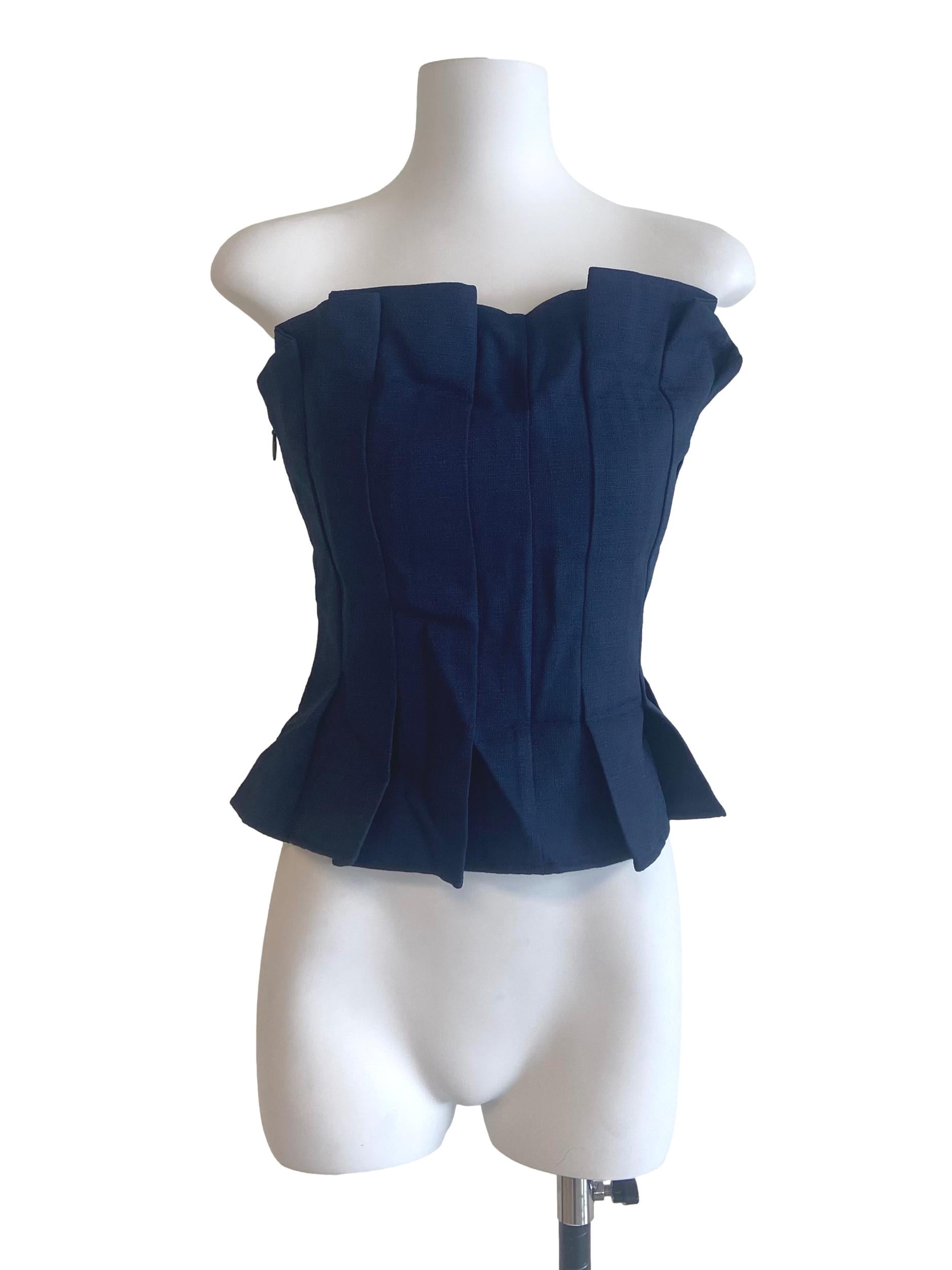 Navy Blue Strapless Knife Pleated Blouse