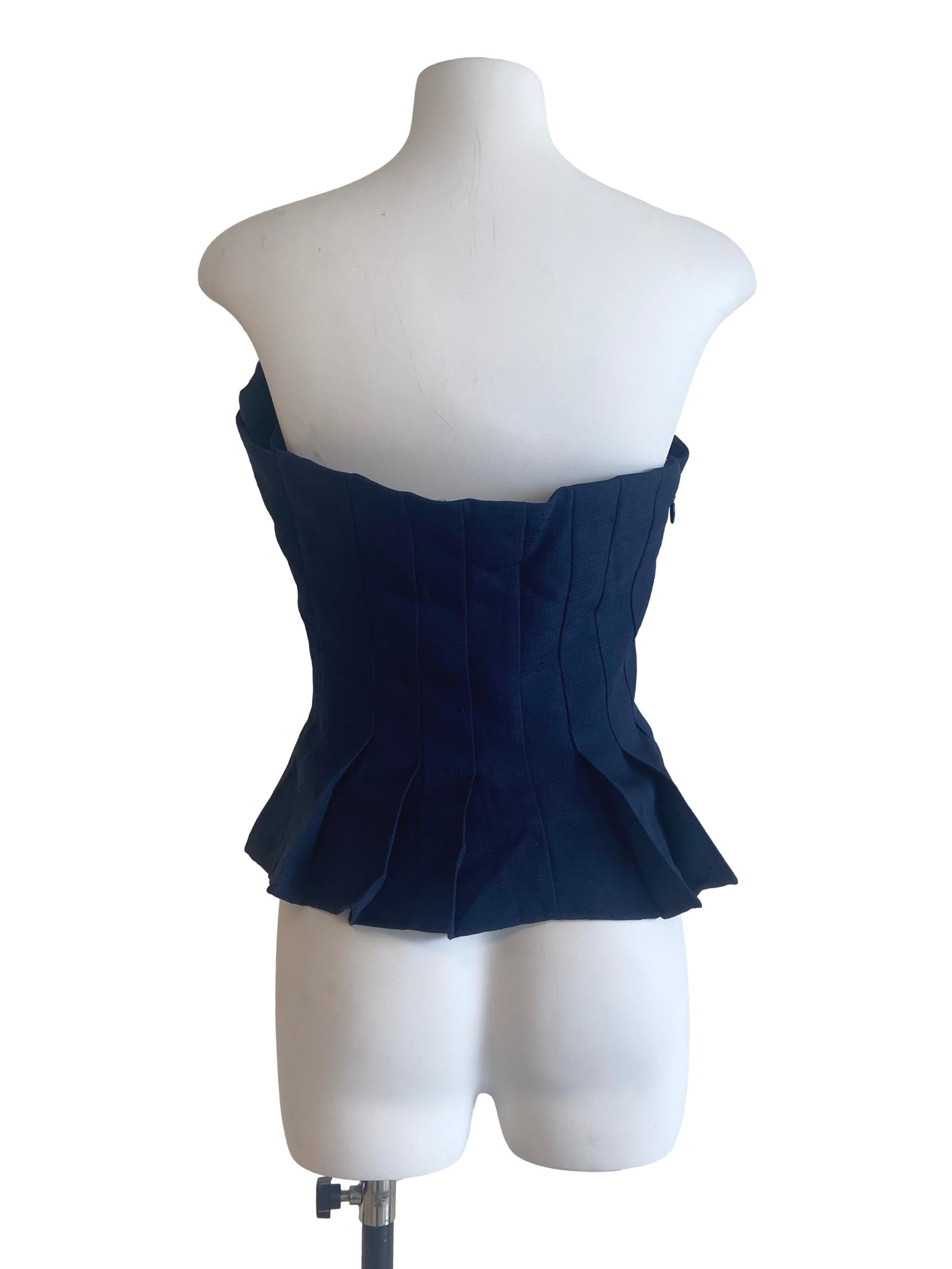 Navy Blue Strapless Knife Pleated Blouse