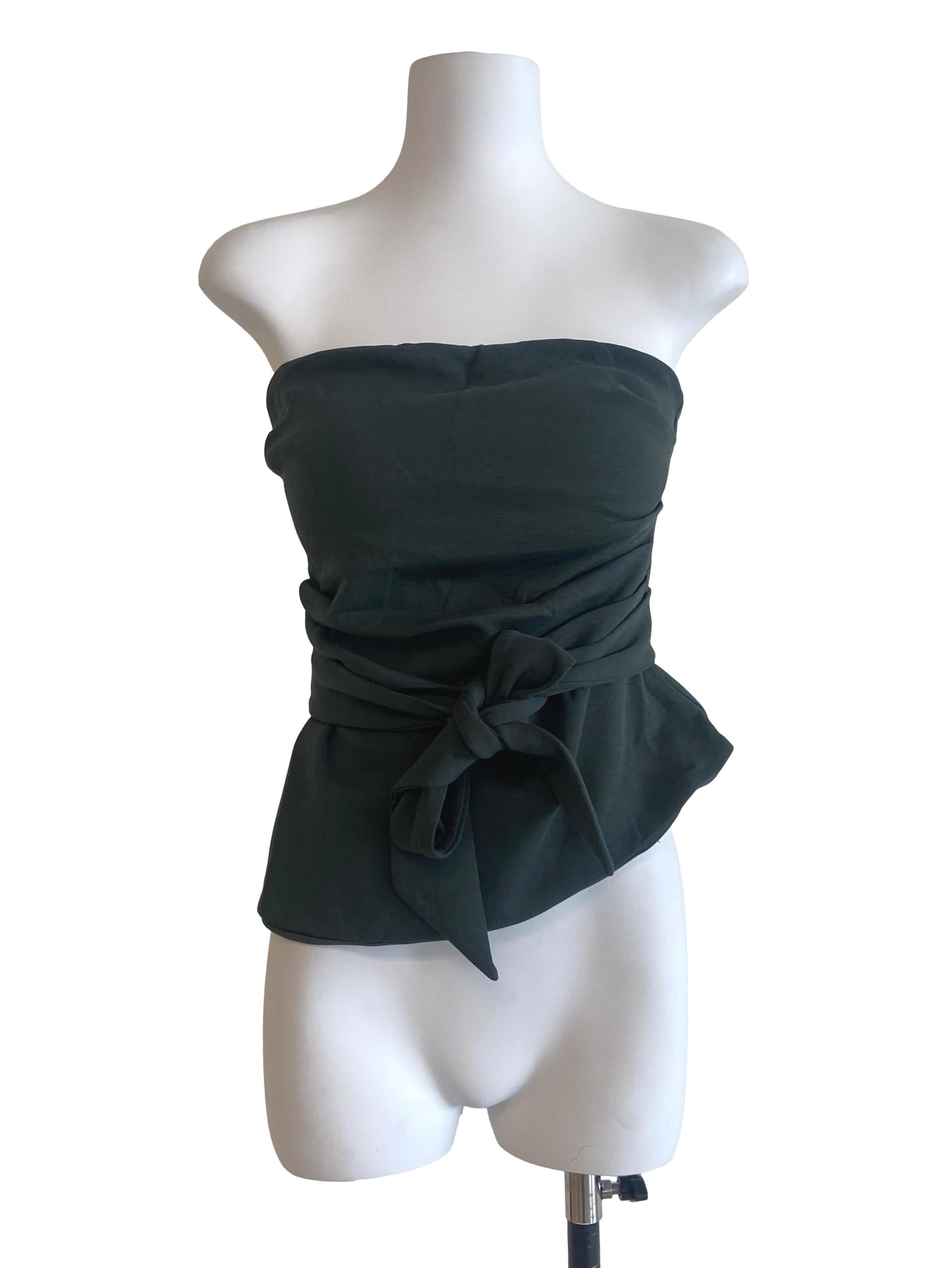 Basil Green Strapless Twill Slit Top