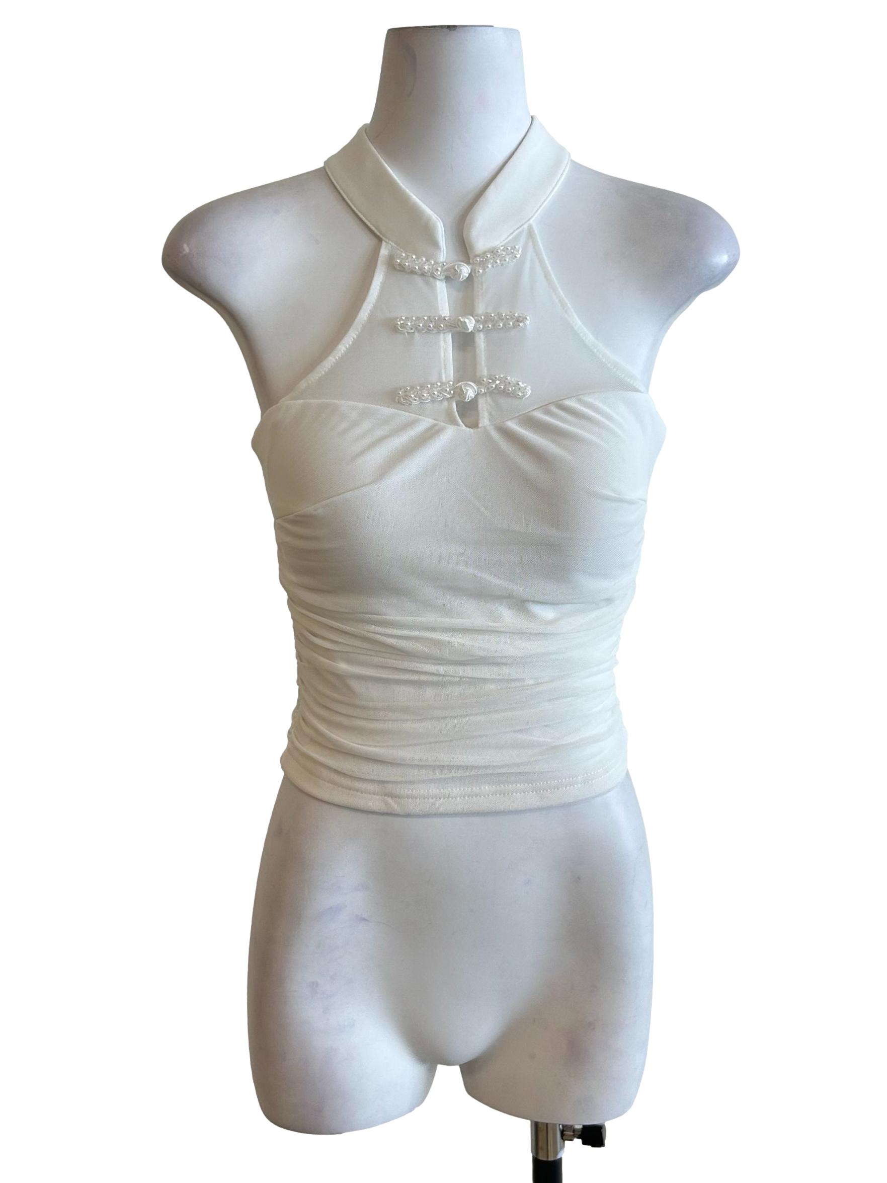 White Beaded Mesh Halter Top