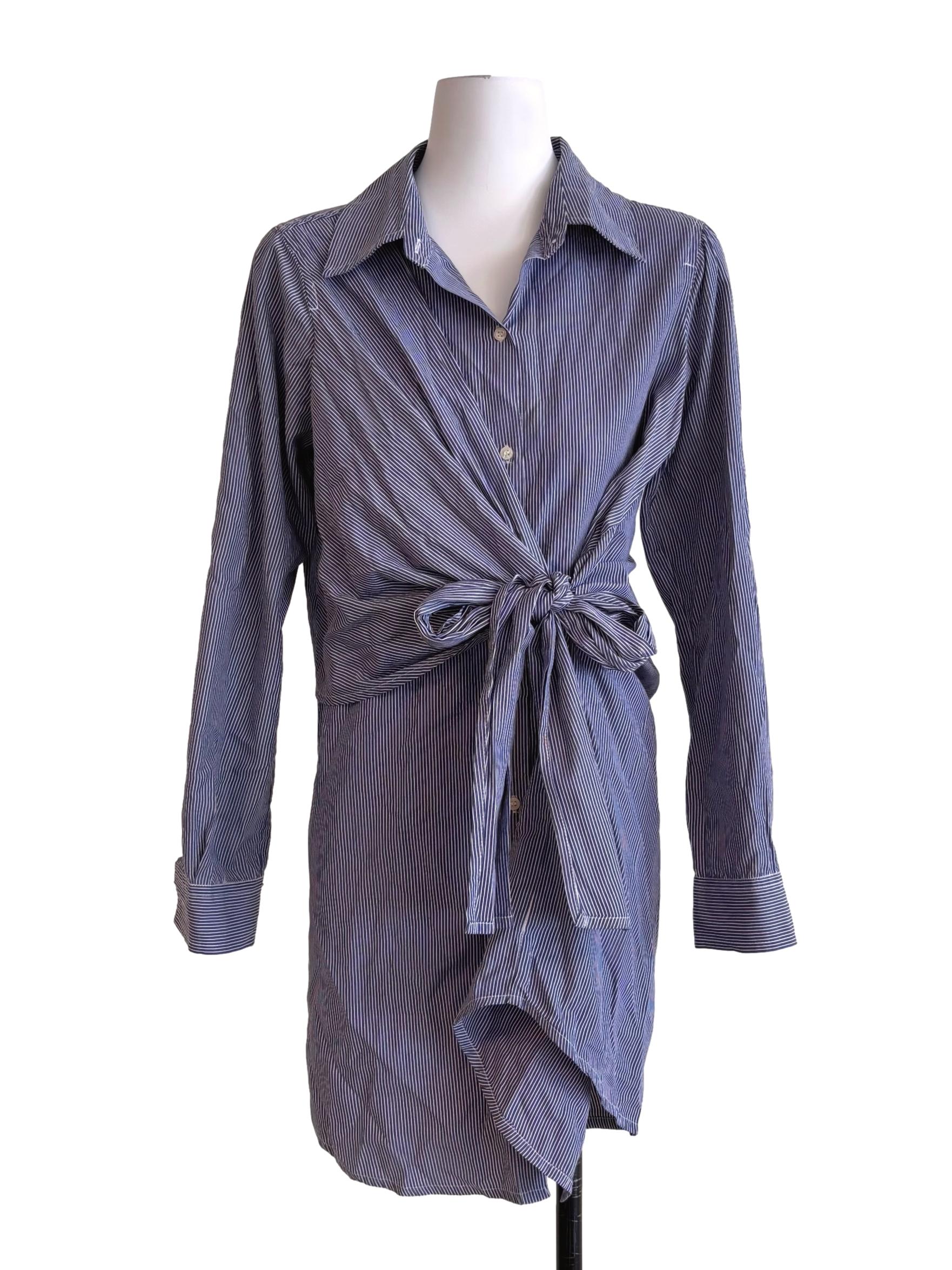 Blue Stripe Front Tie Shirt Dress