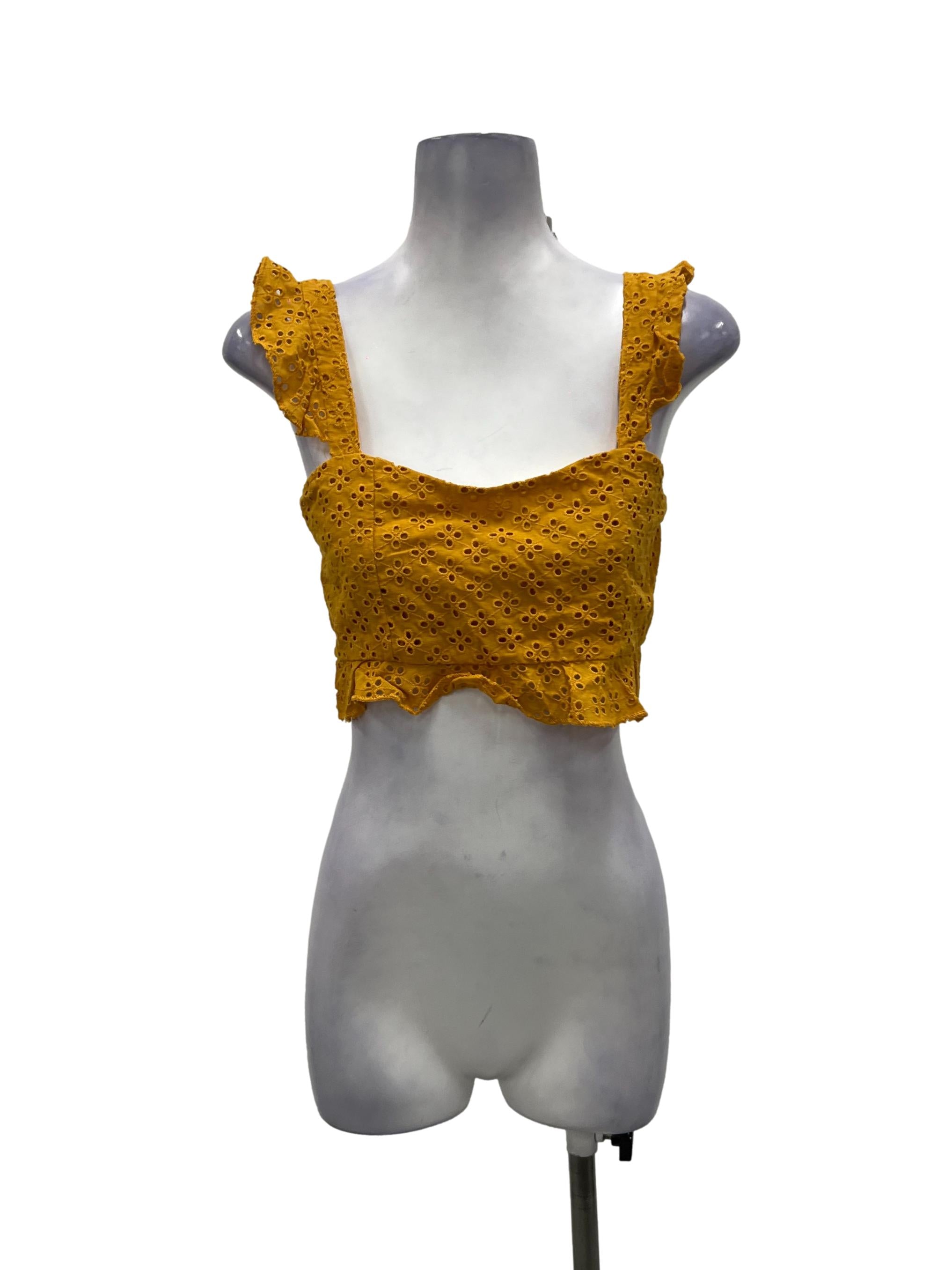 Honey Yellow Eyelet Ruffle Crop Top