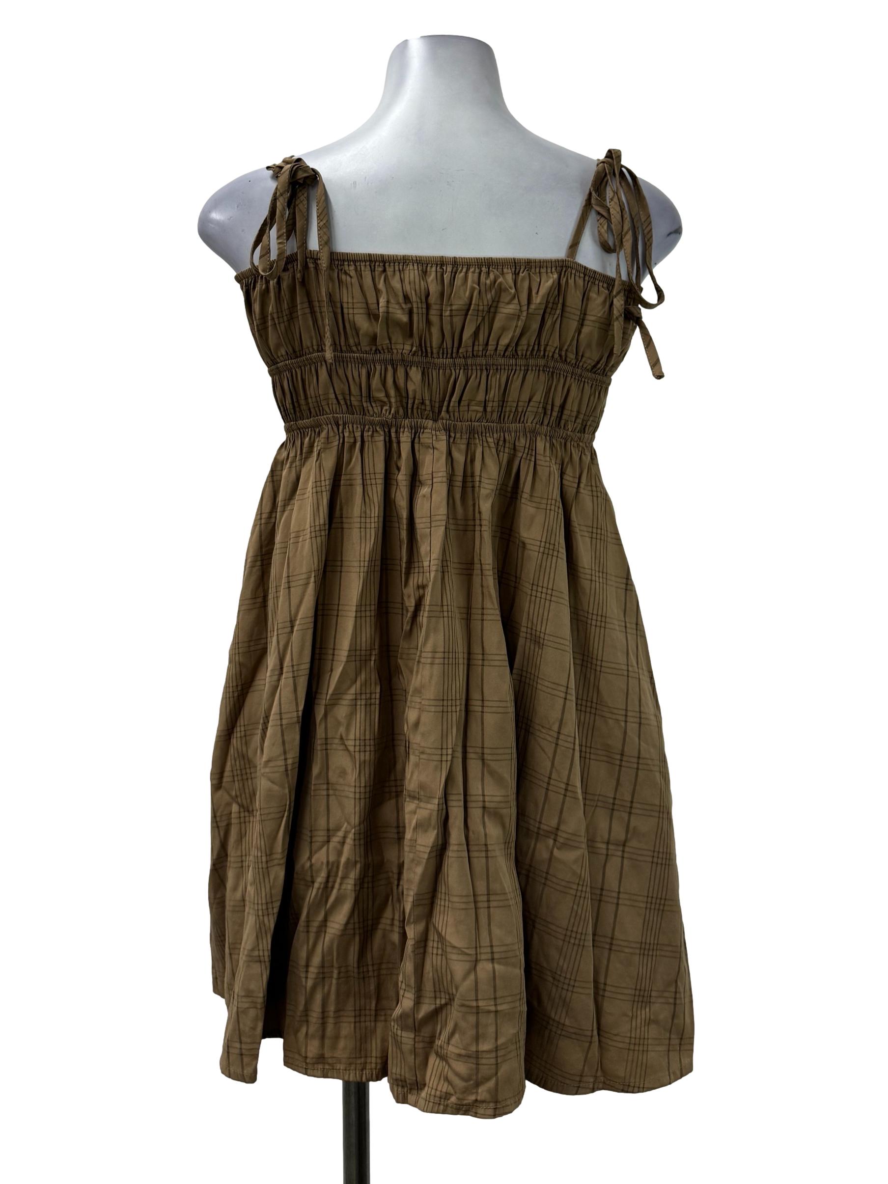 Brown Checkered Ruched Self Tie Dress