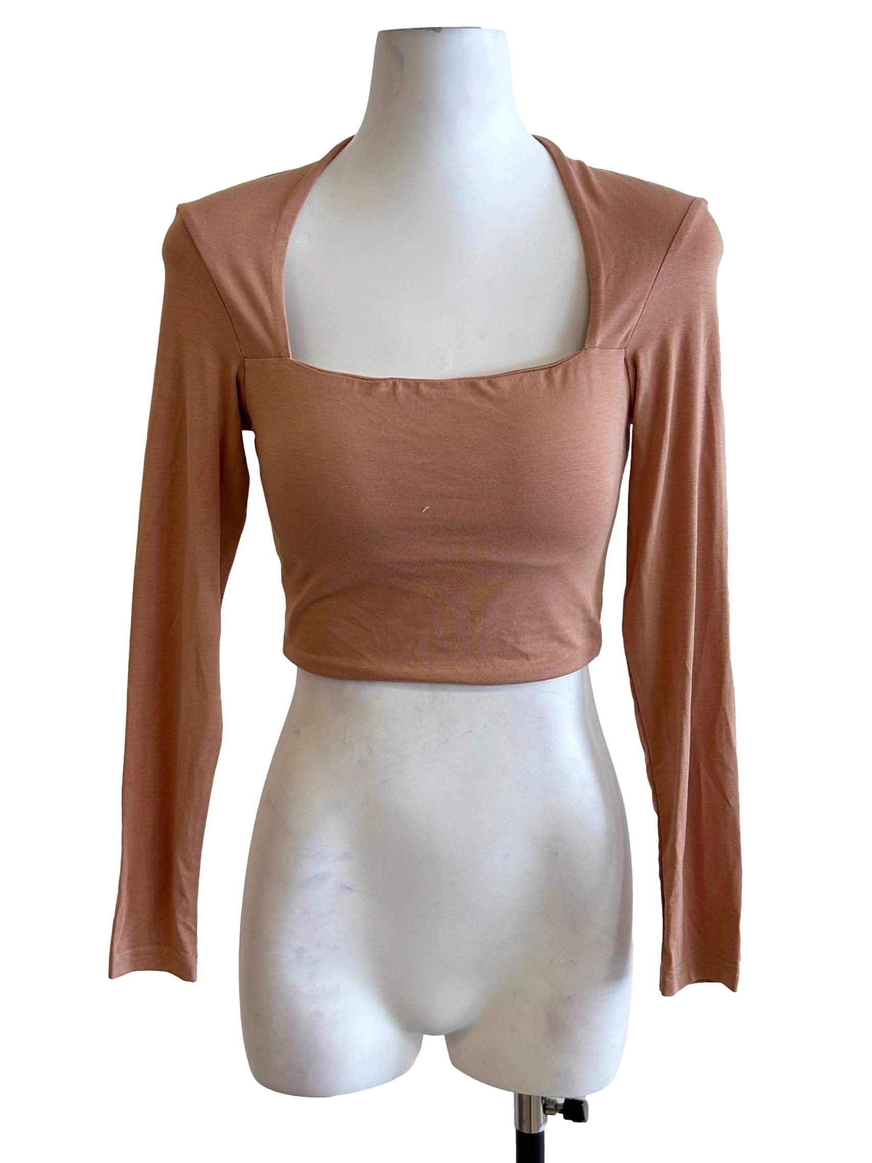 Peach Pink Square Neck Long Sleeve Top