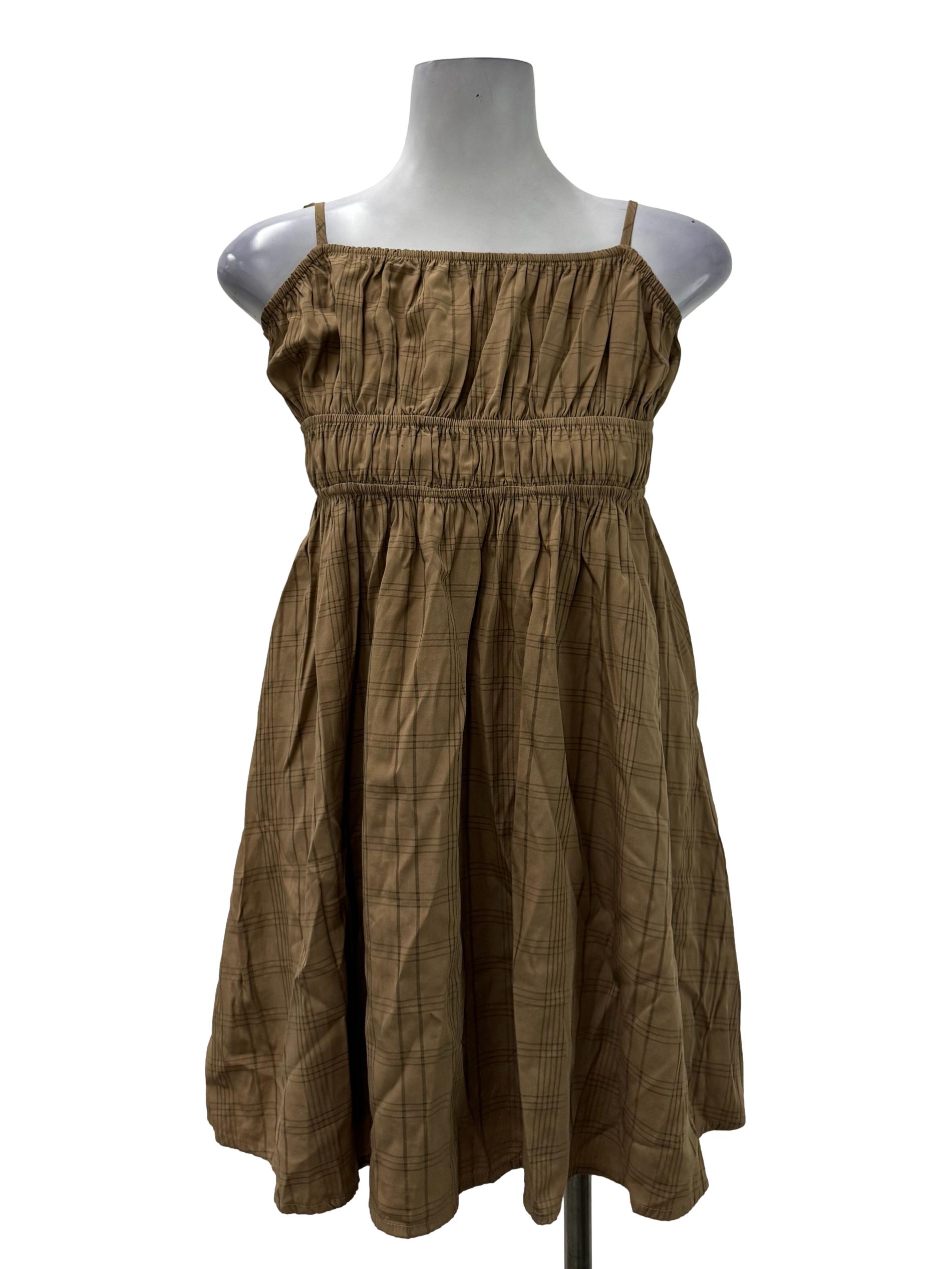 Brown Checkered Ruched Self Tie Dress