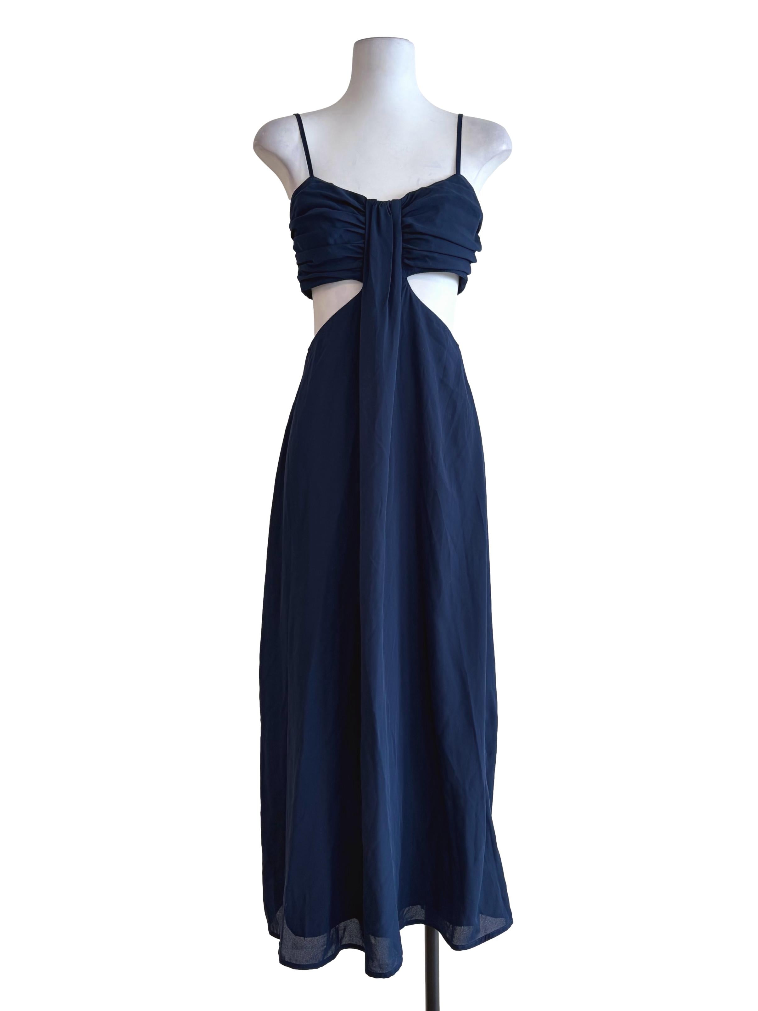 Midnight Blue Ruched Front Cut Out Waist Slip Dress