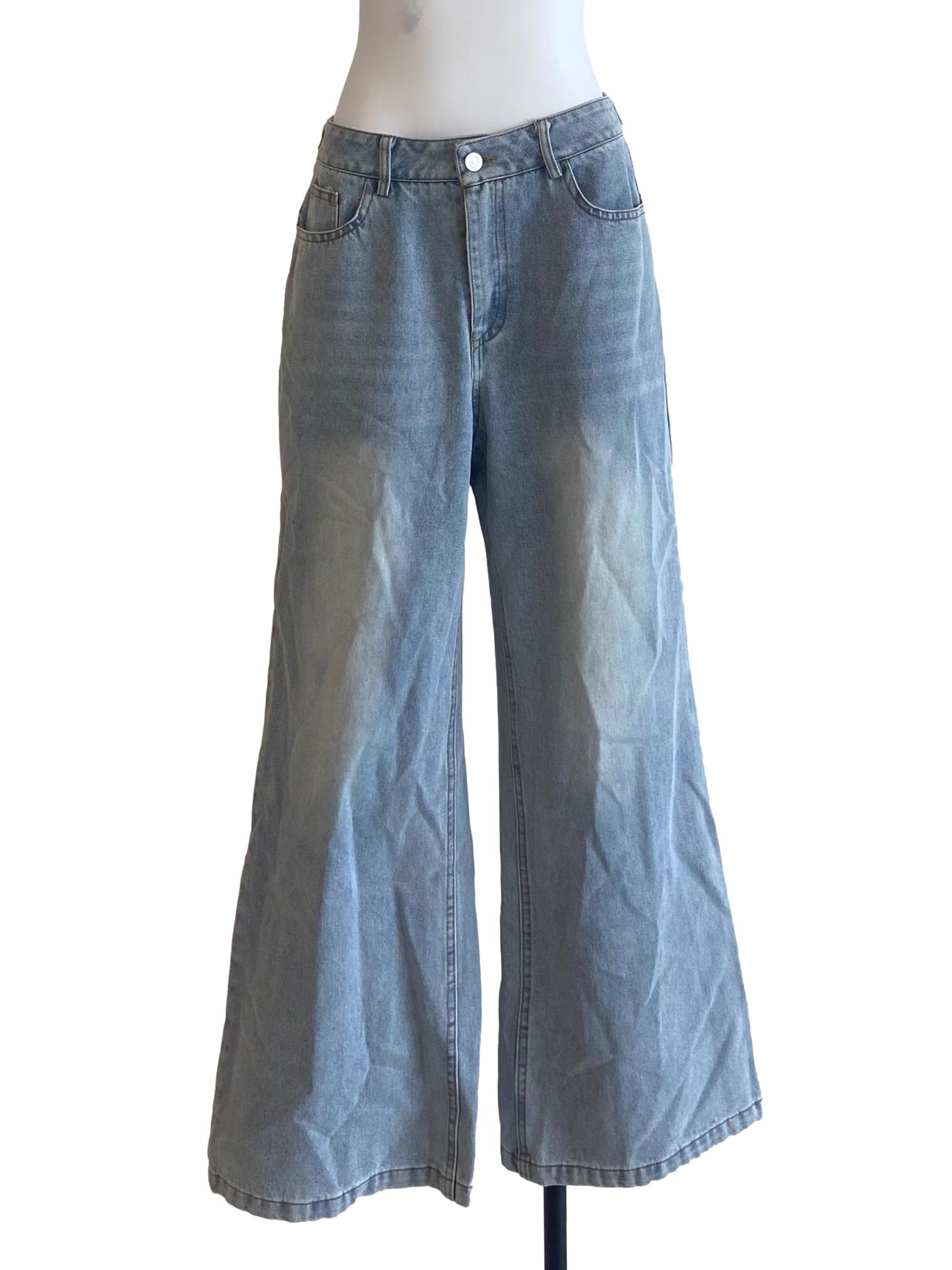 Blue Herringbone Wide Leg Straight Jeans