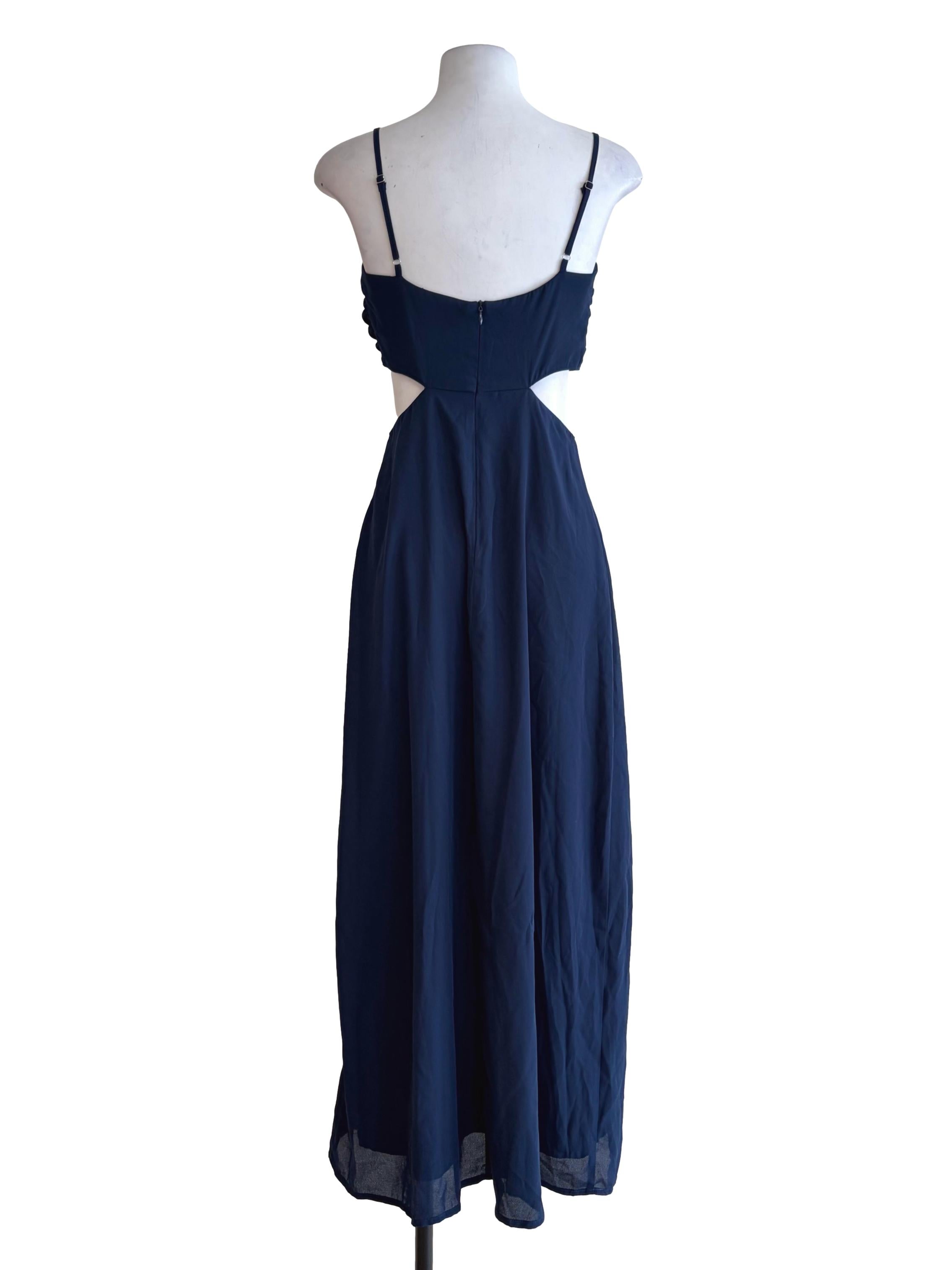 Midnight Blue Ruched Front Cut Out Waist Slip Dress