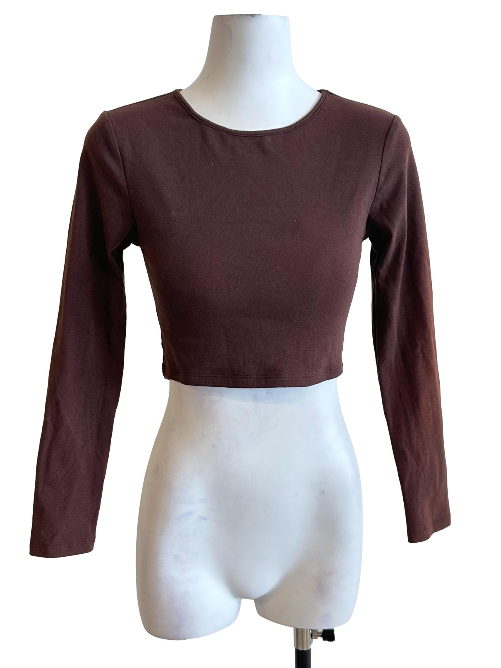 Brown Crew Neck Long Sleeve Top