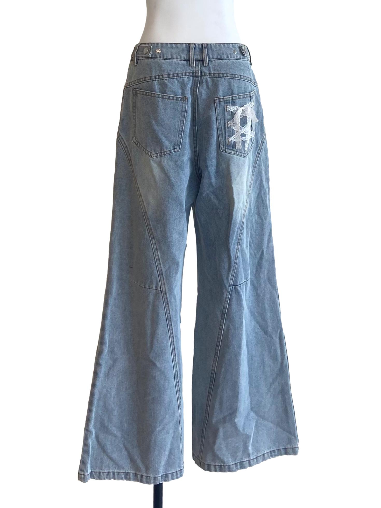 Blue Herringbone Wide Leg Straight Jeans