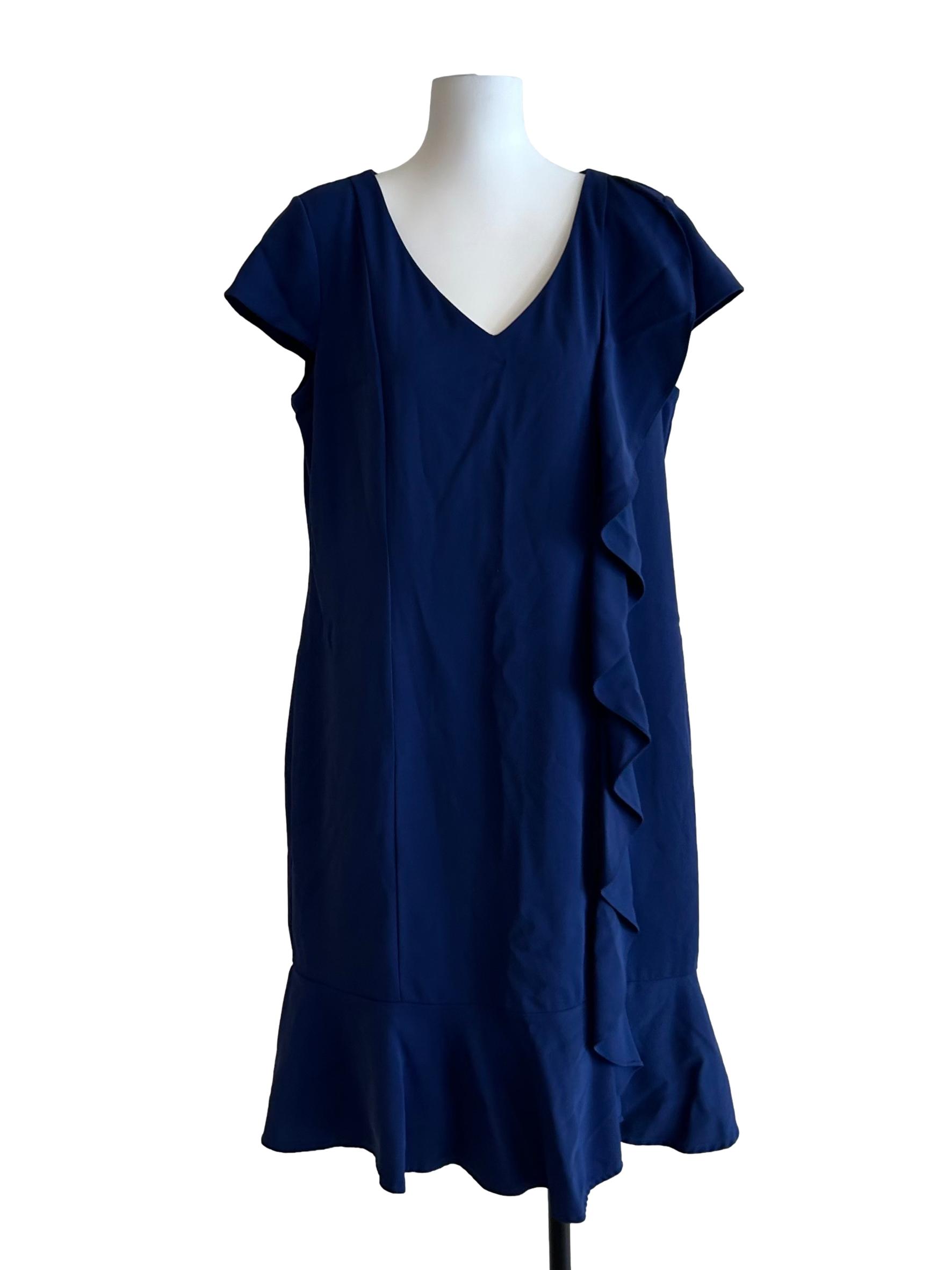 Navy Blue Ruffle V Neck Dress