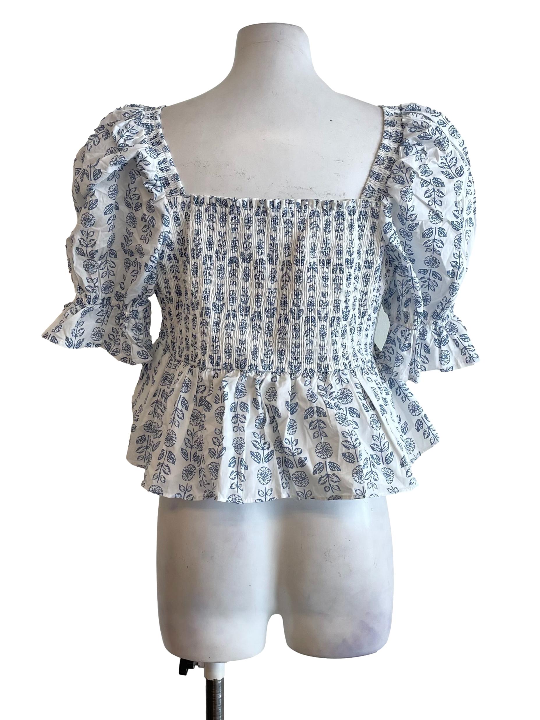 White Blue Puff Sleeves Shirred Top