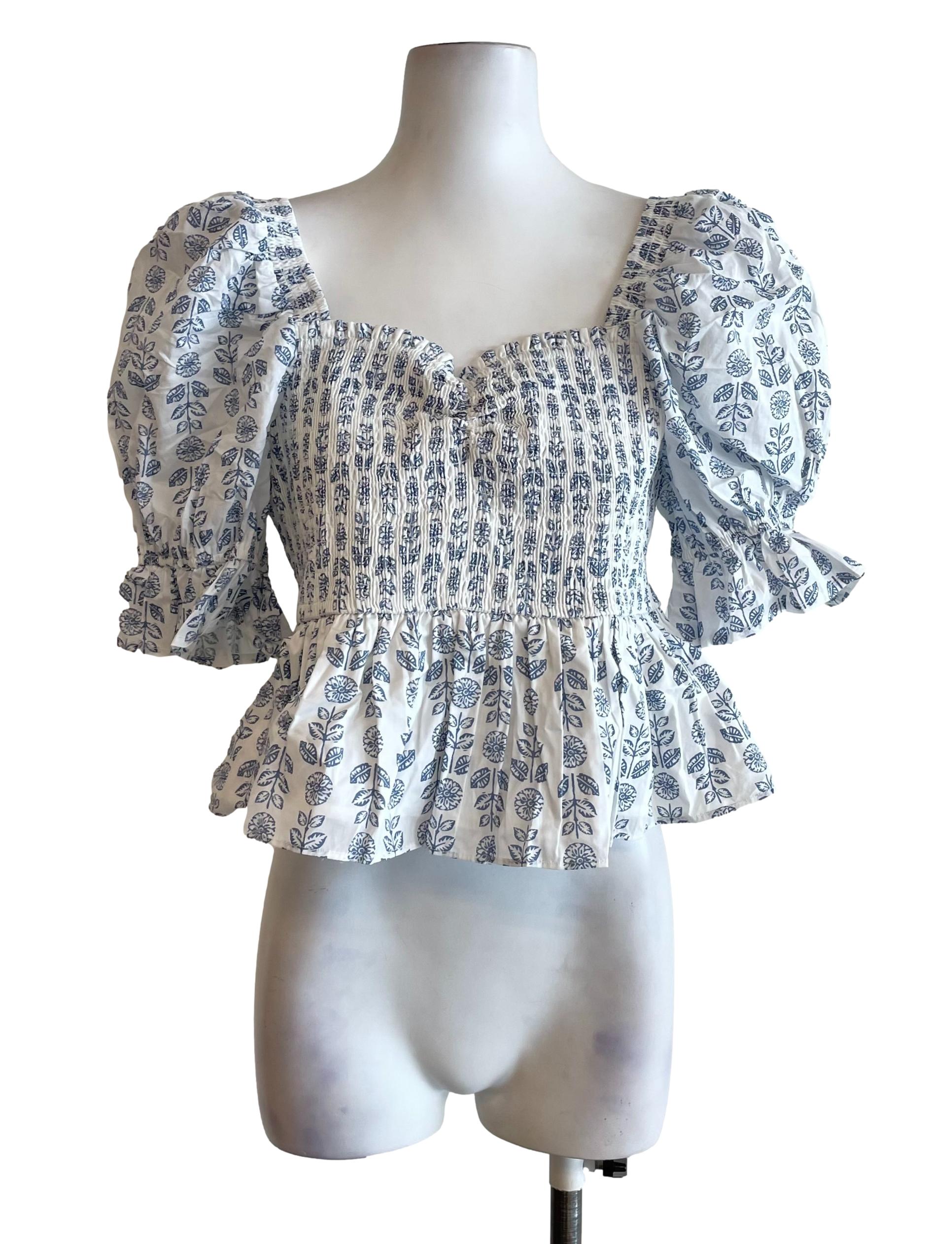 White Blue Puff Sleeves Shirred Top