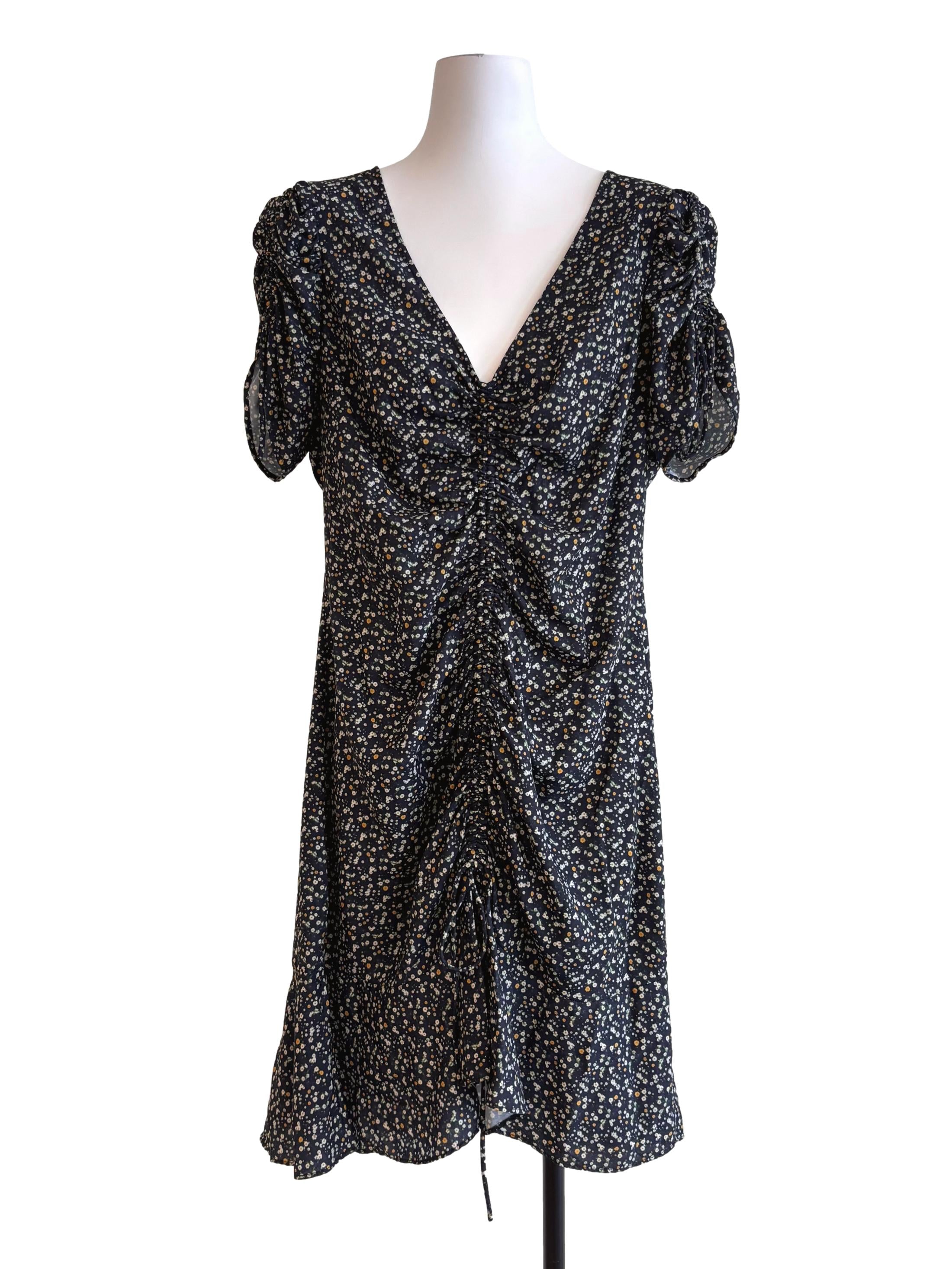 Black Floral Prints V Neck Dress
