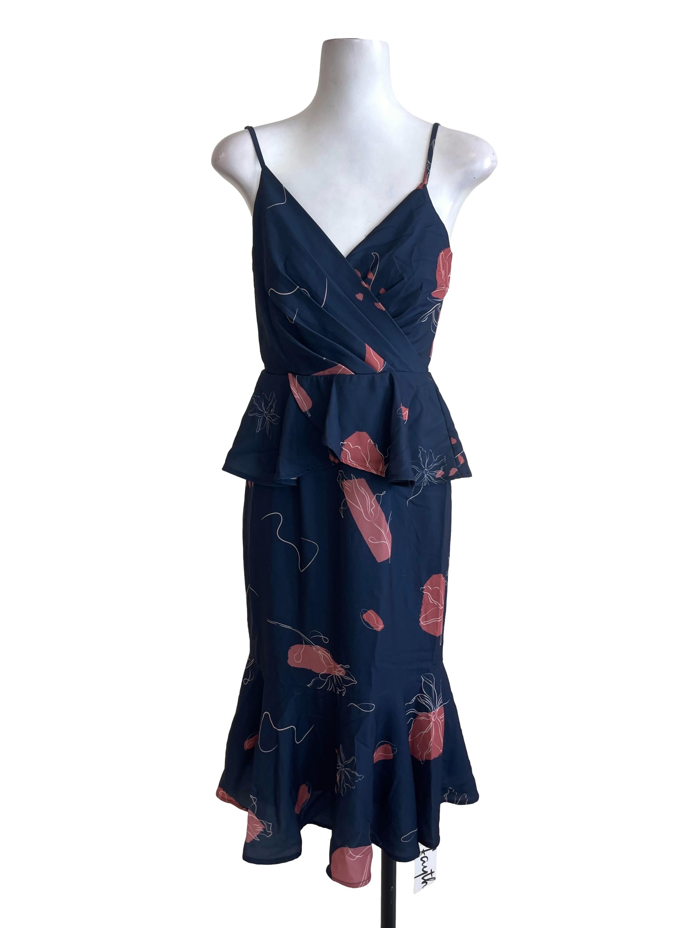 Navy/Rose Windflower Peplum Midi Dress