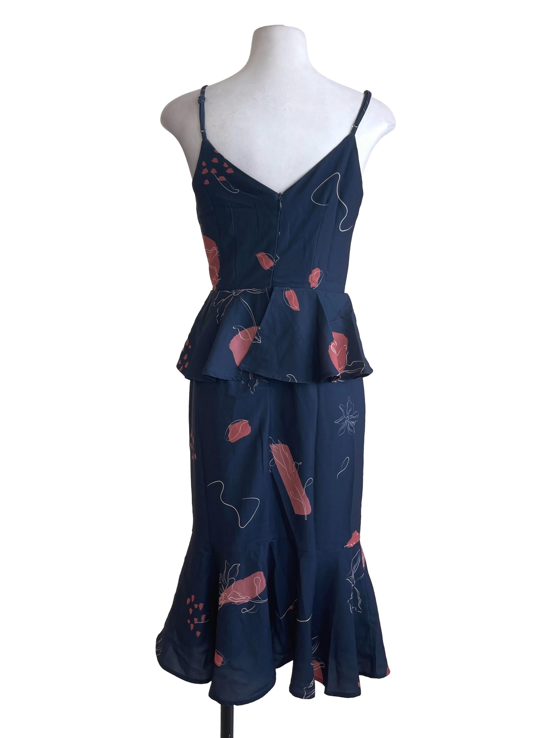 Navy/Rose Windflower Peplum Midi Dress