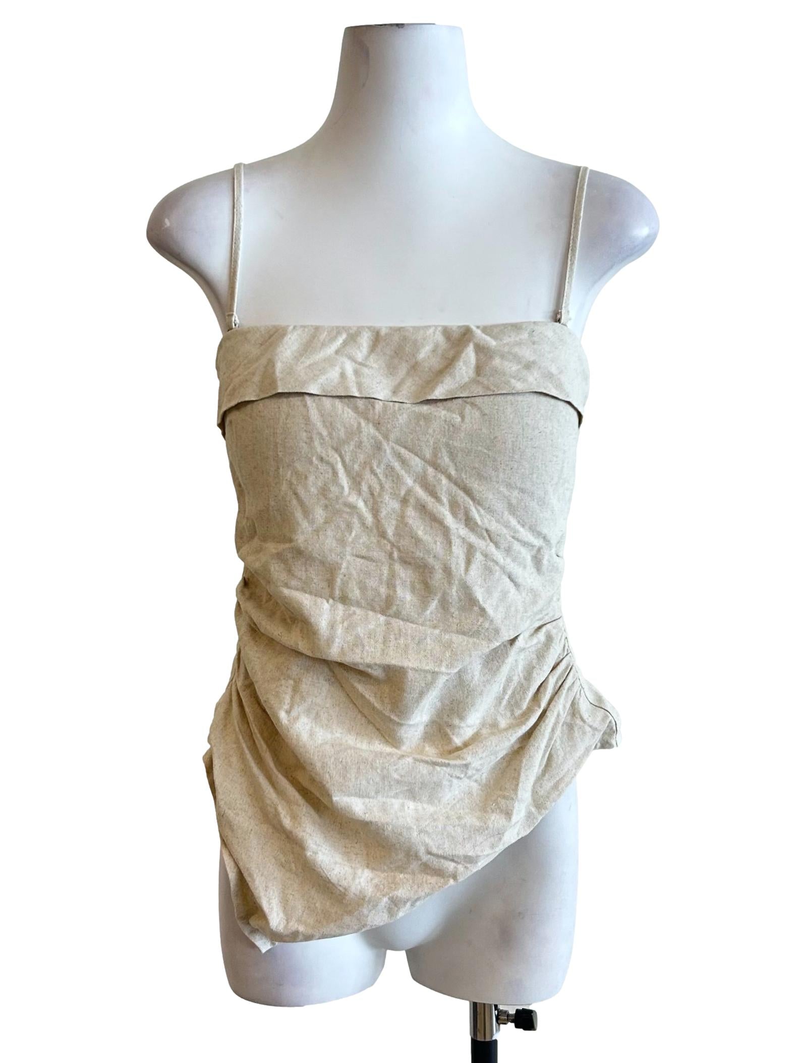 Beige Asymmetric Ruched Linen Top