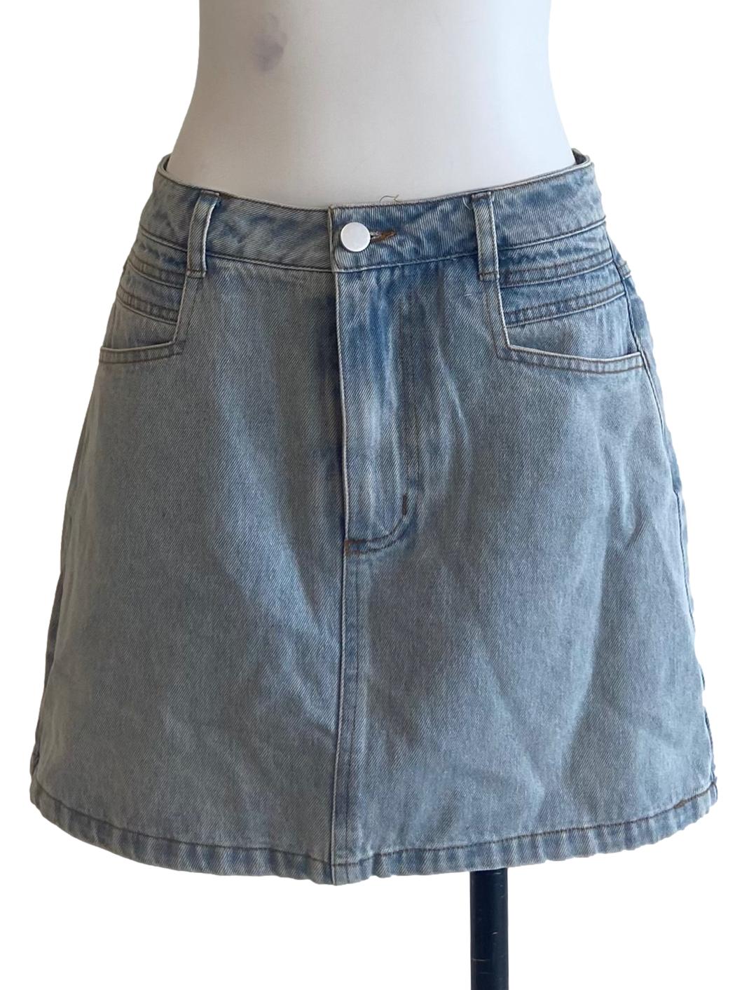 Blue Herringbone Denim Skirt
