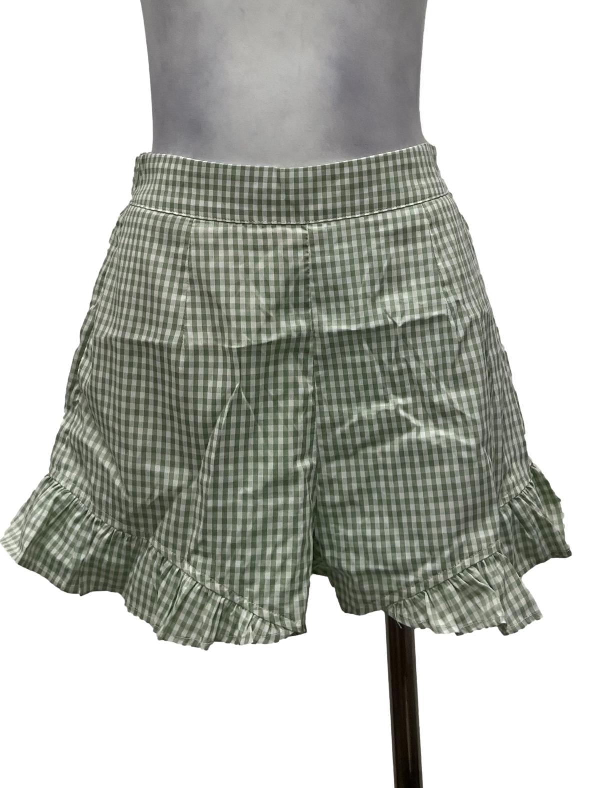 Mint Green And White Checkered Ruffle Trim Shorts