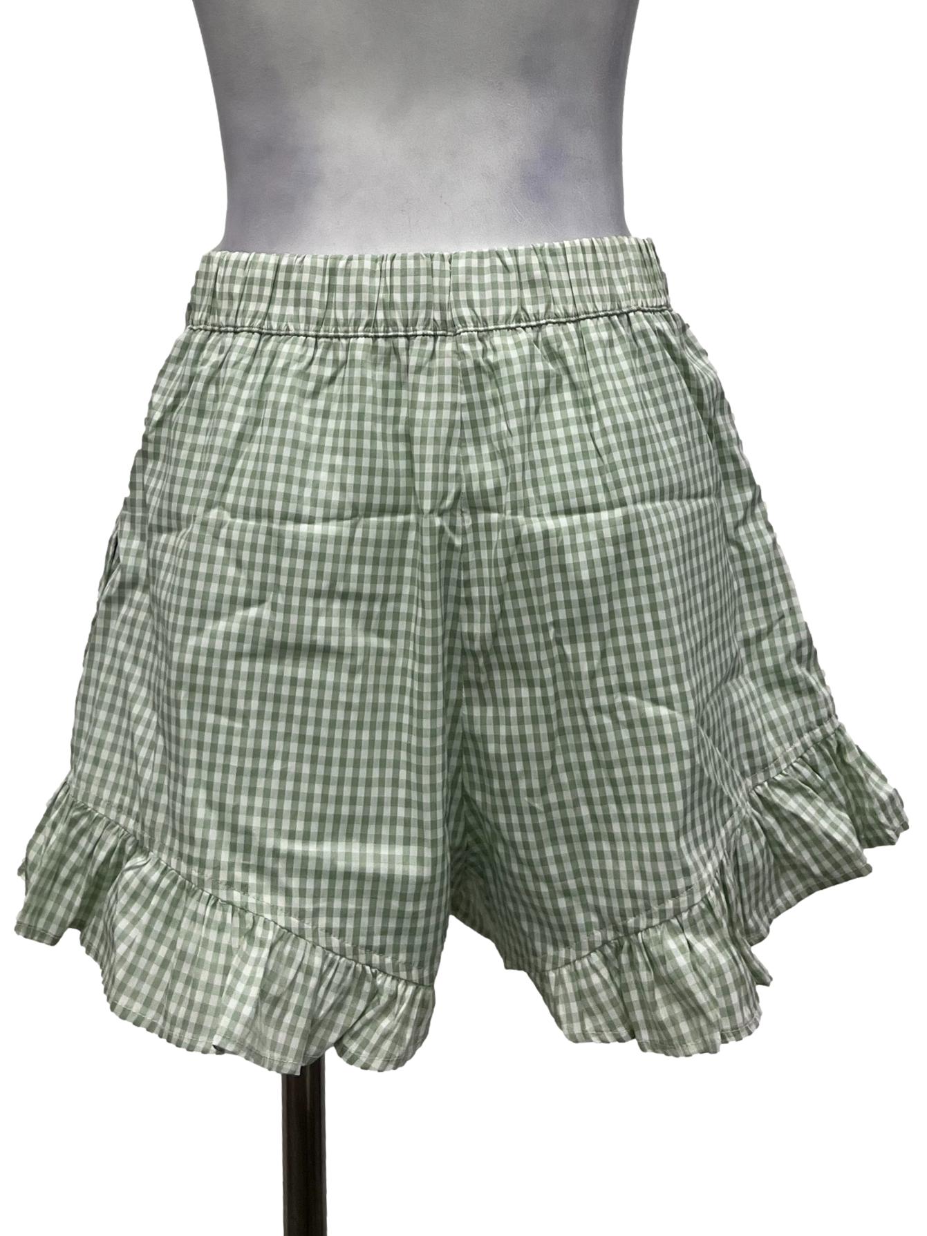 Mint Green And White Checkered Ruffle Trim Shorts