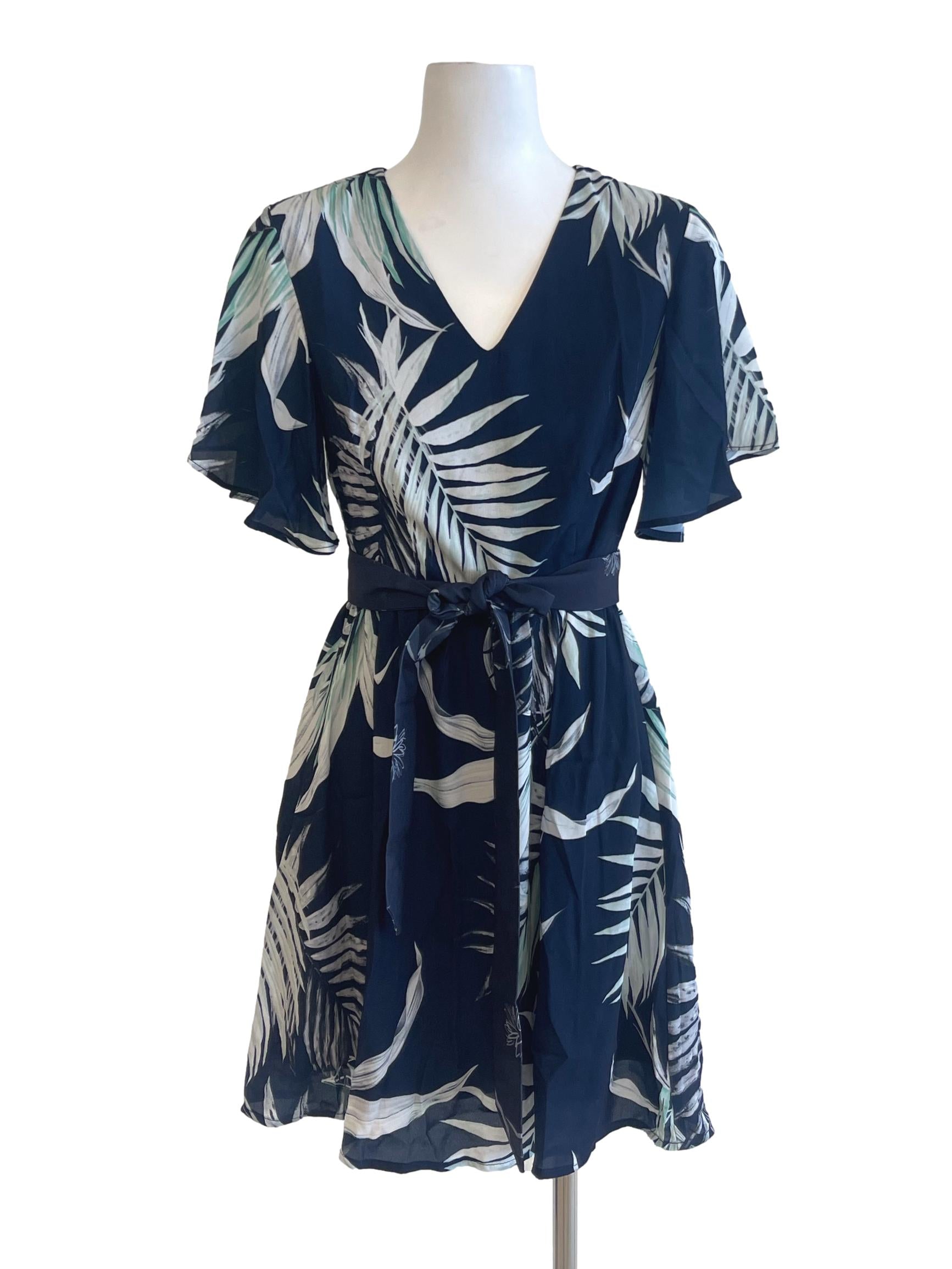 Navy Blue Summer Floral V Neck Cap Sleeve Dress