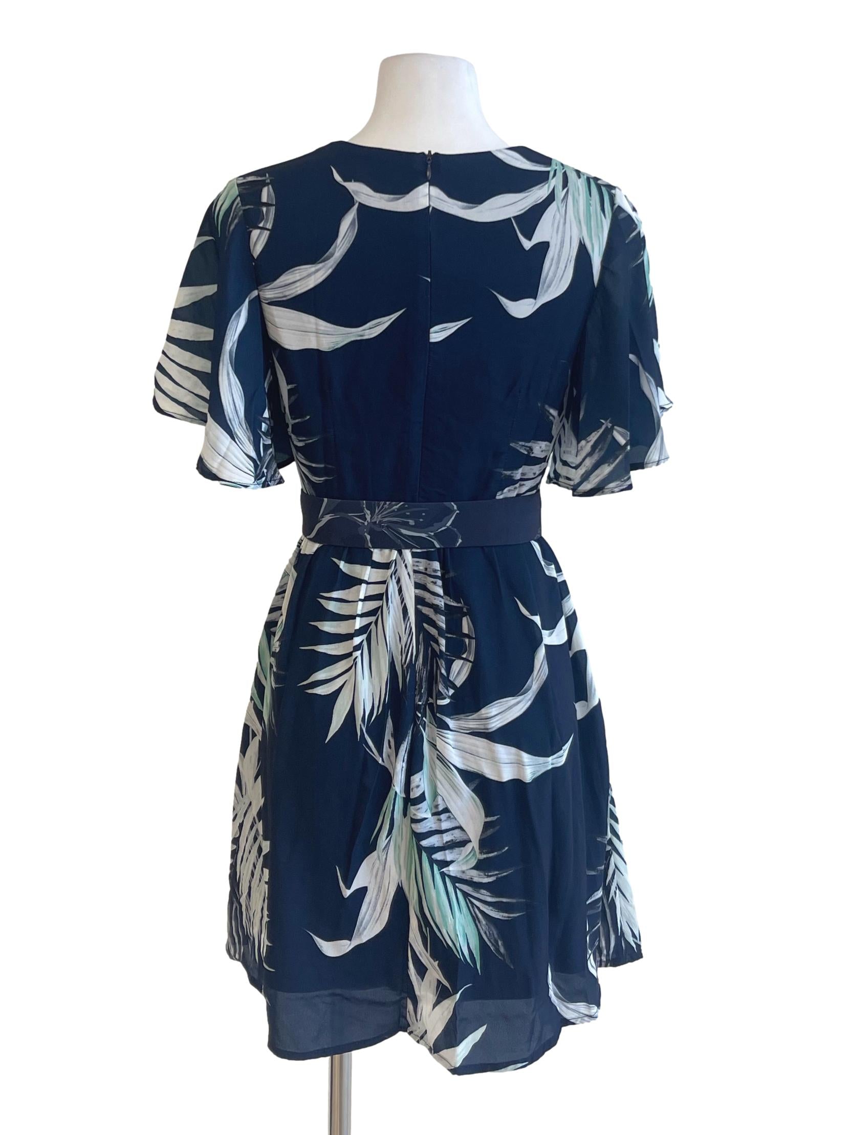 Navy Blue Summer Floral V Neck Cap Sleeve Dress