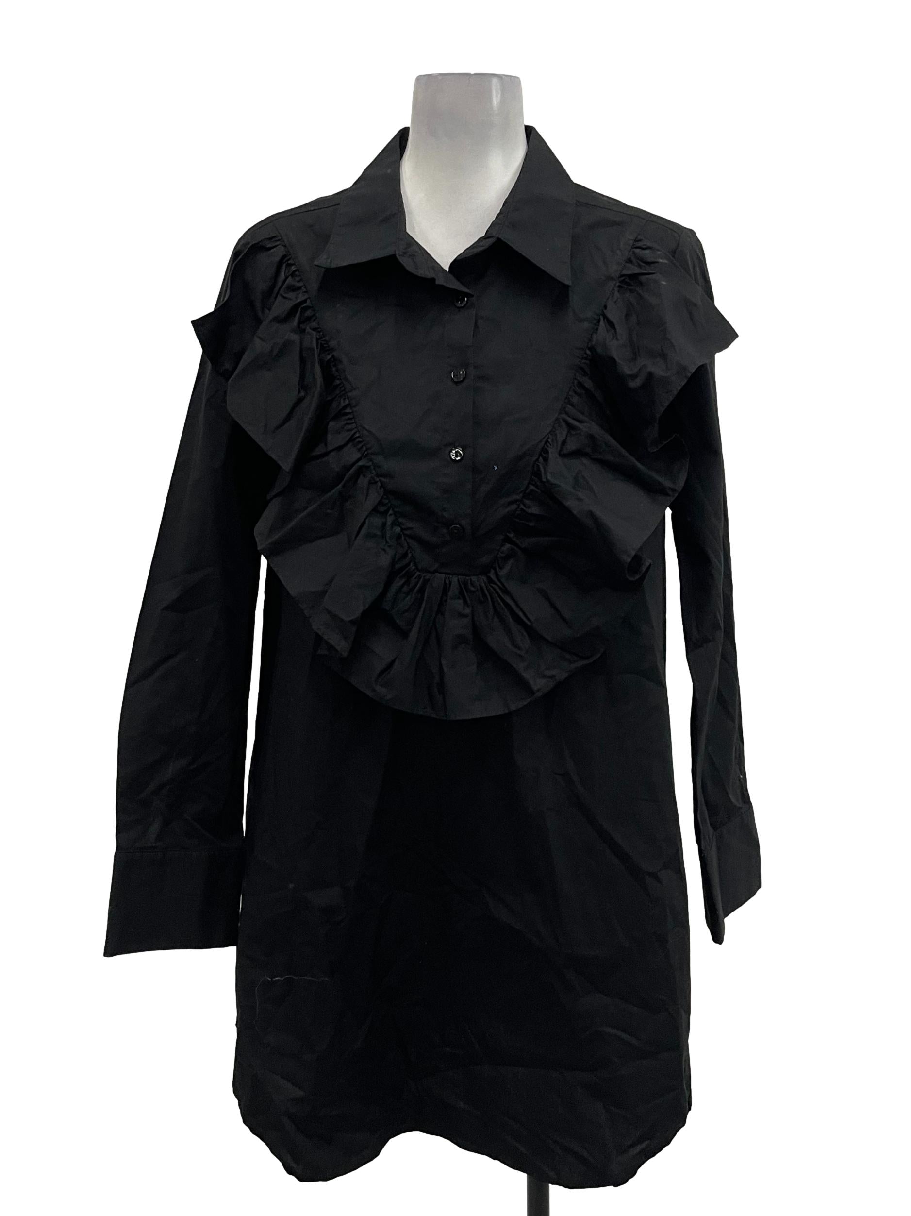 Black Button Down Collared Ruffle Dress
