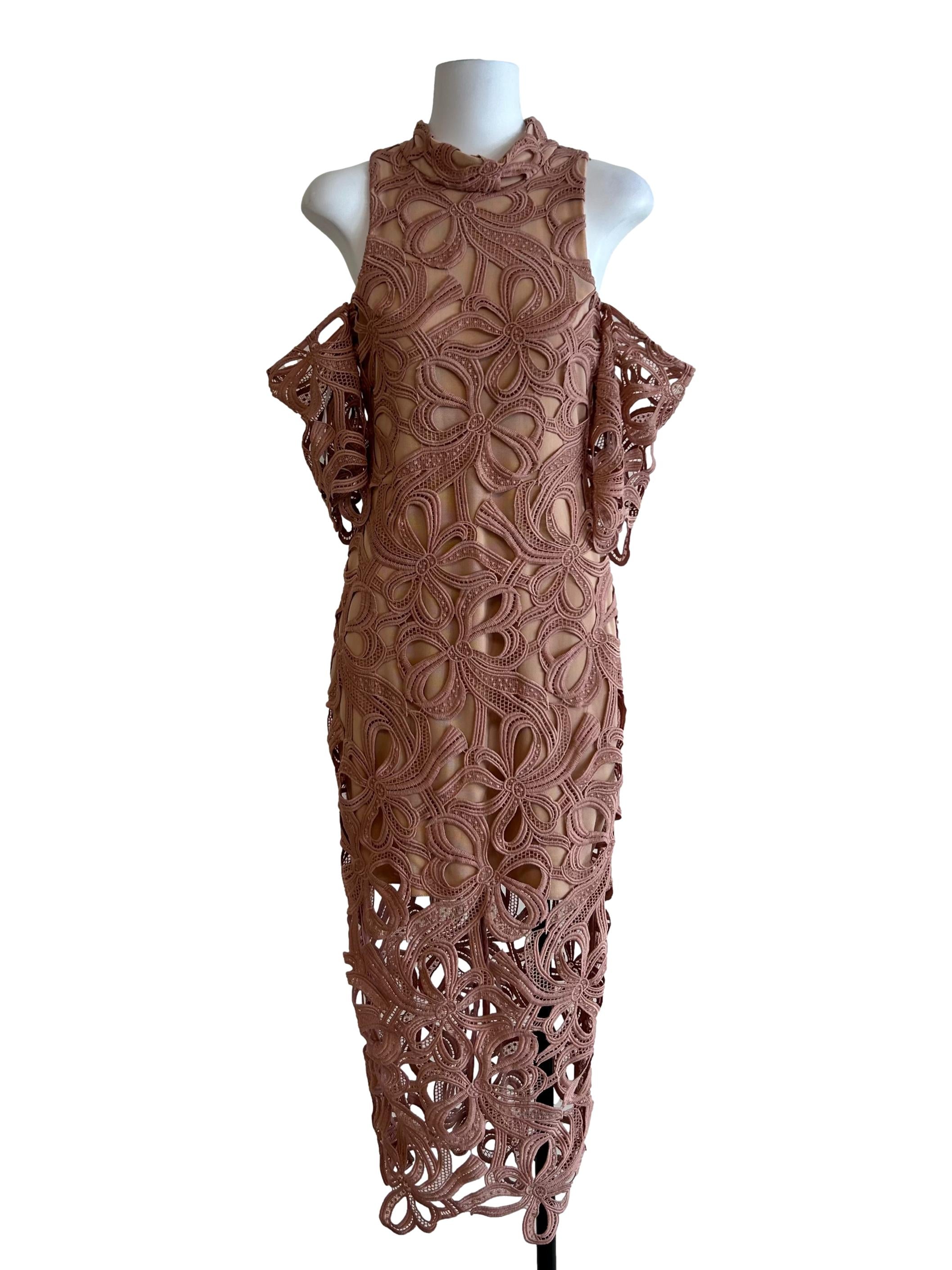 Pink Beige High Neck Eyelet Dress