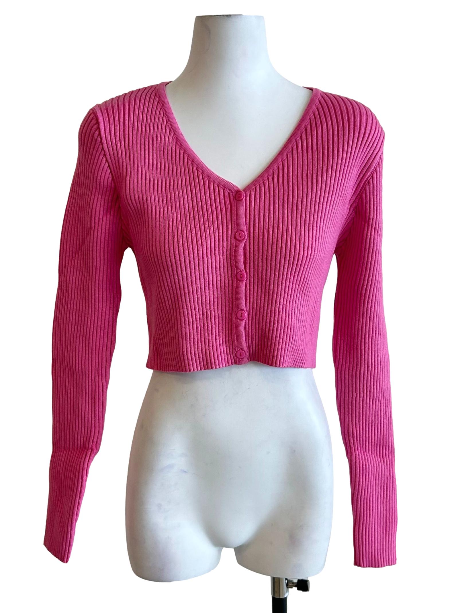 Hot Pink Ribbed Knit Cardigan