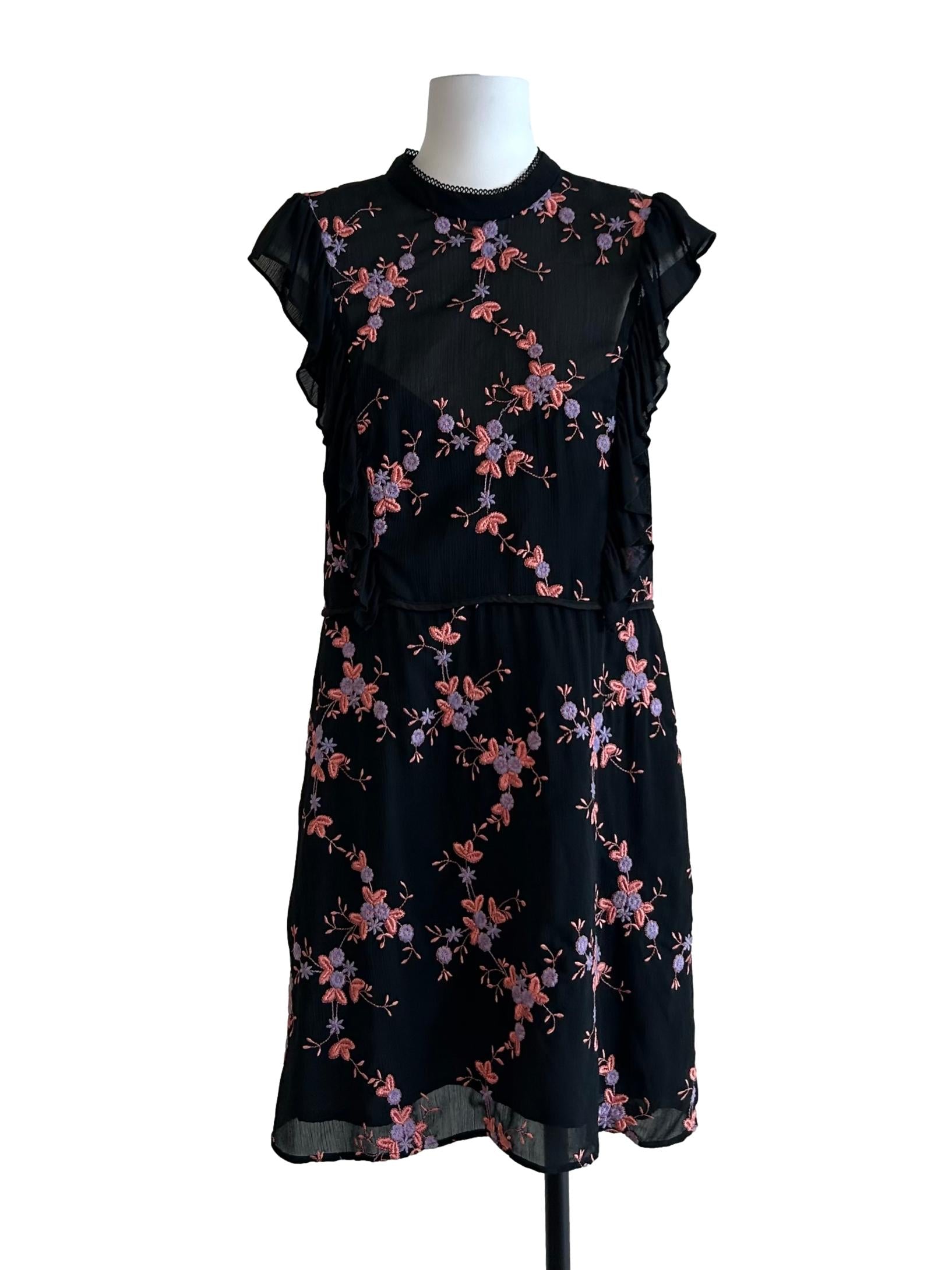 Black Multicolor Floral Embroidered Dress