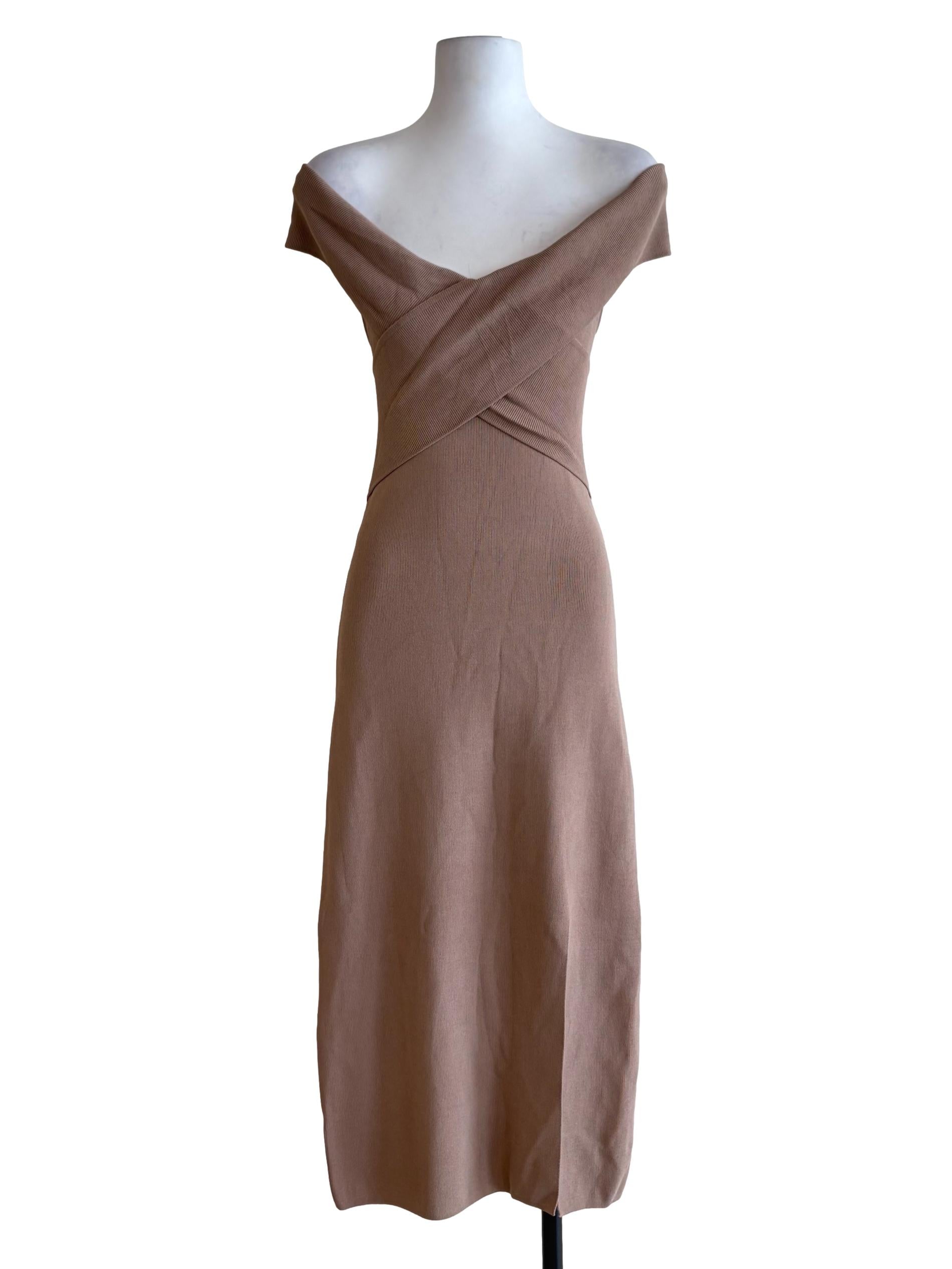 Bone Beige Knitted Cross Bodycon Dress