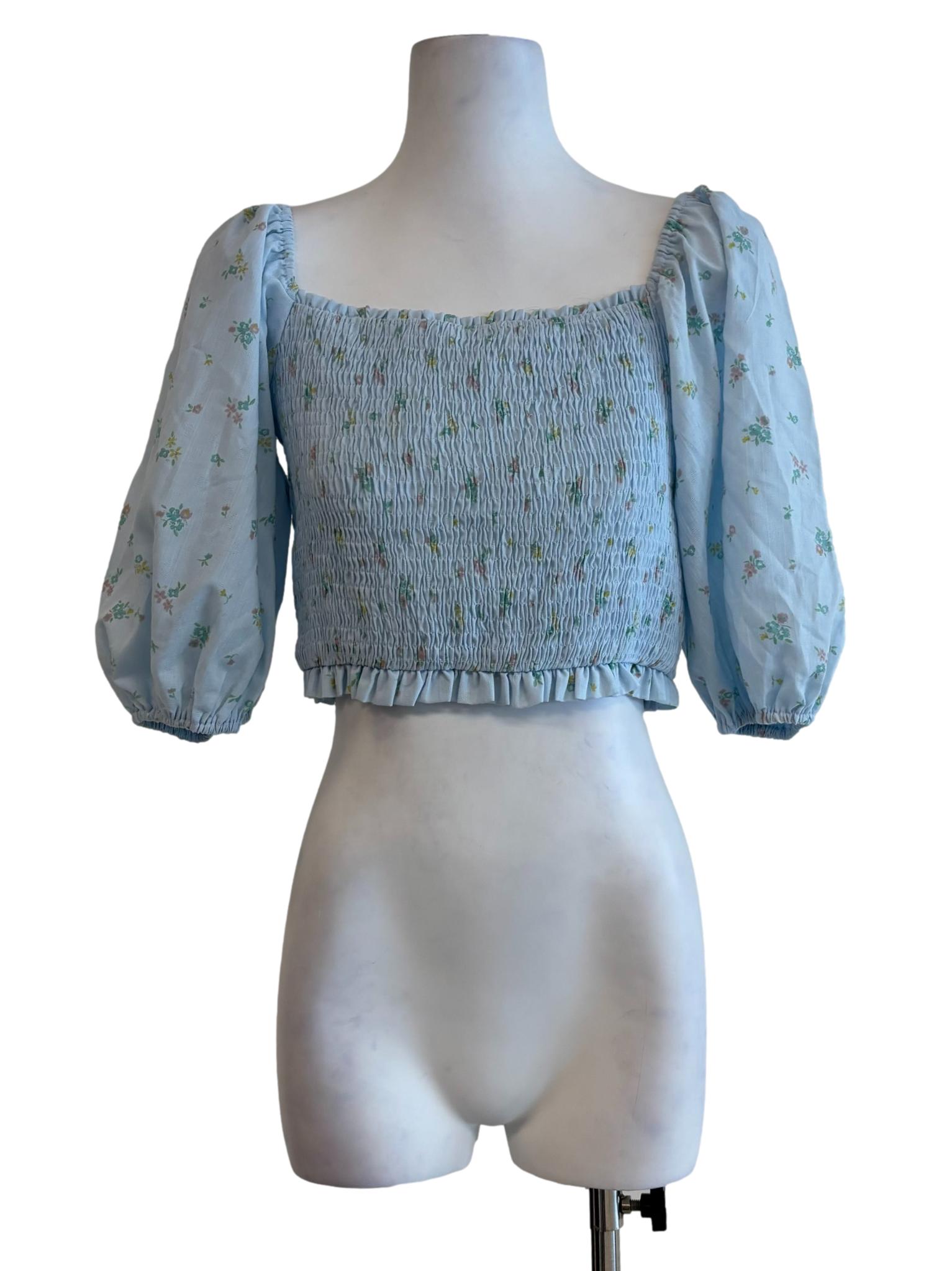 Baby Blue Long Sleeve Smocked Cotton Blouse