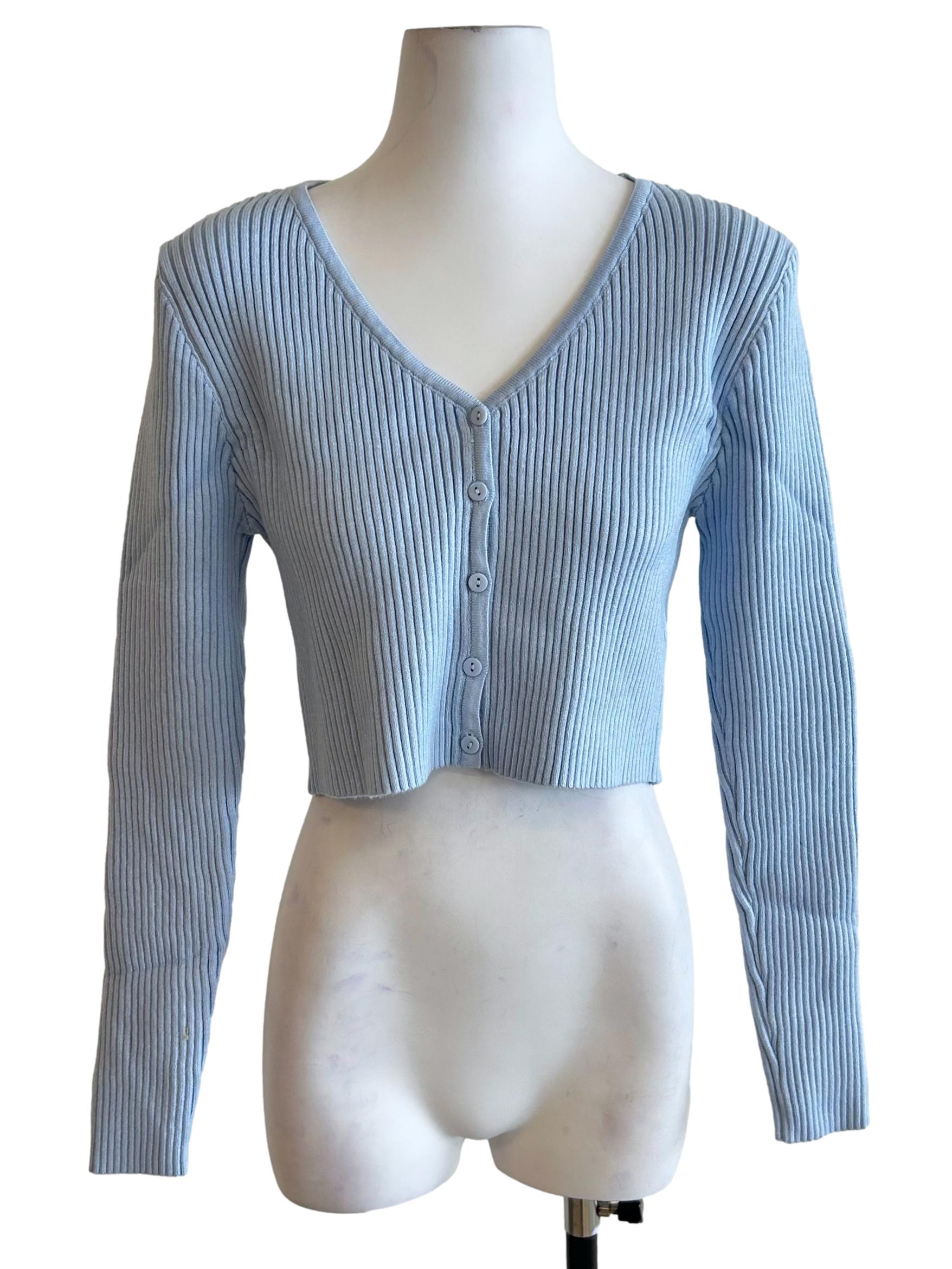 Ice Blue Ribbed Knit Cardigan
