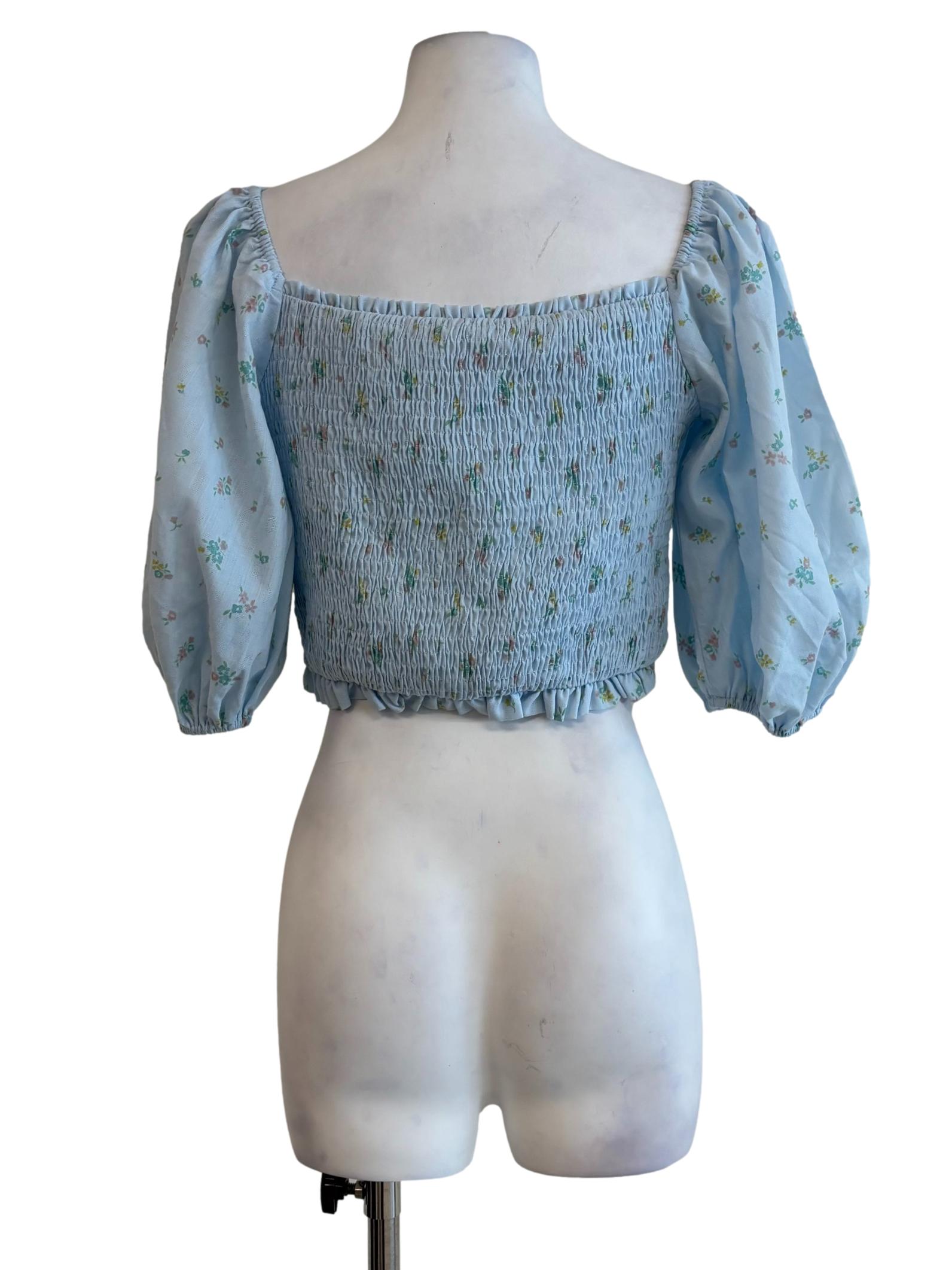 Baby Blue Long Sleeve Smocked Cotton Blouse
