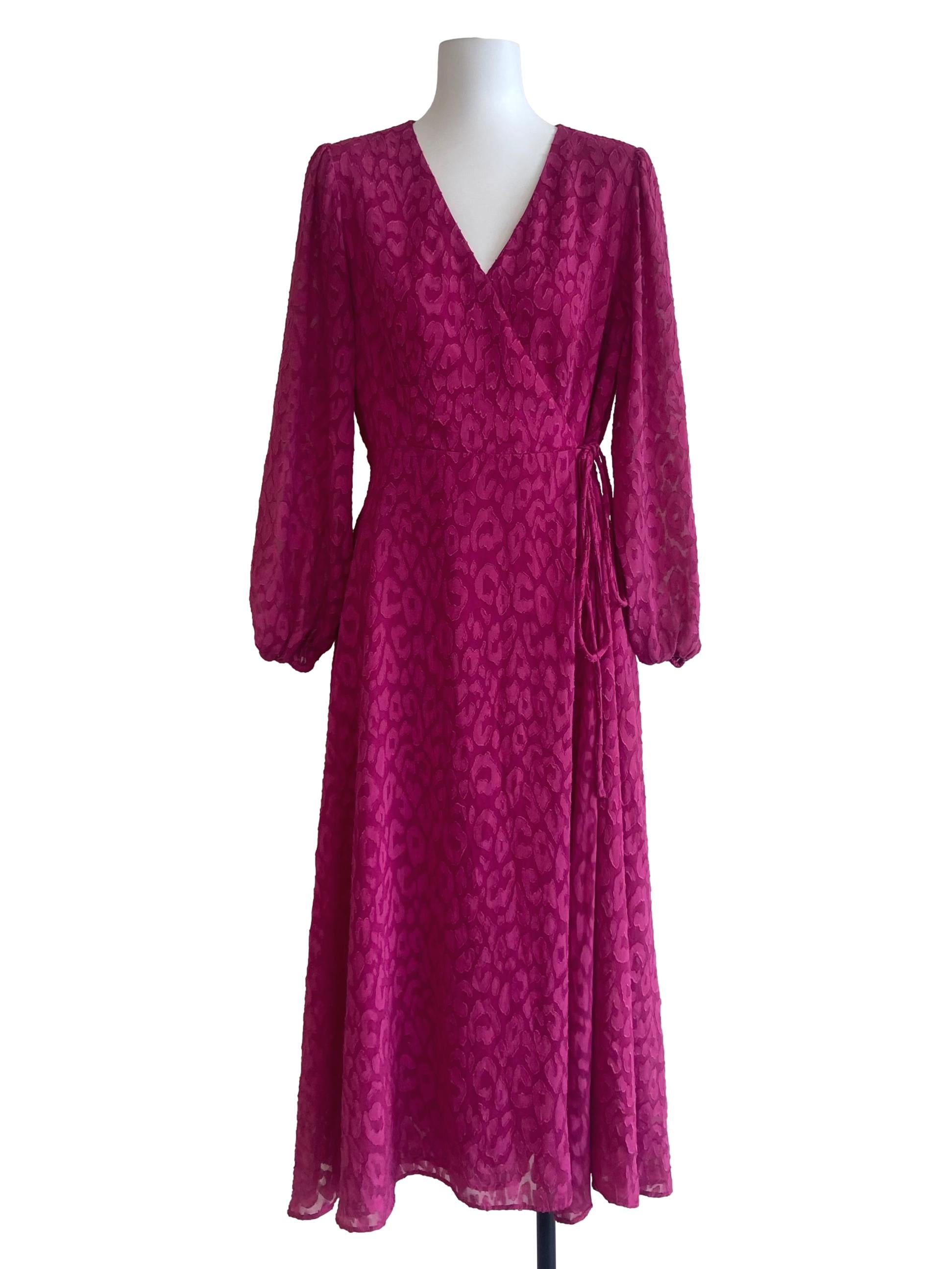 Hot Pink Floral V Neck Wrap Dress