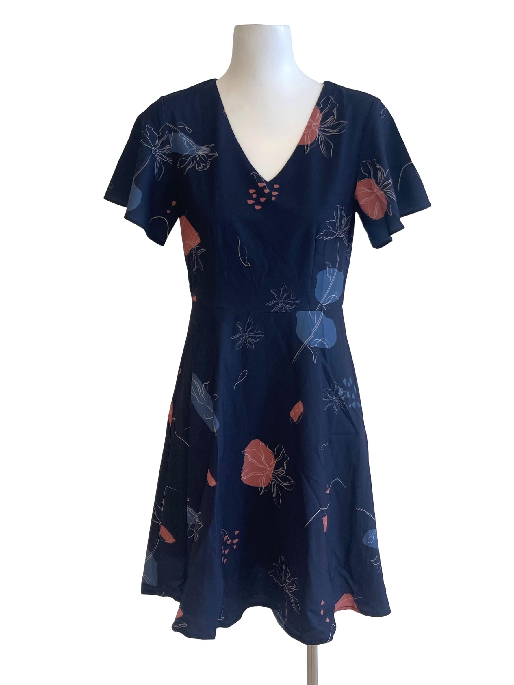 Navy Blue Floral V Neck Cap Sleeve Dress
