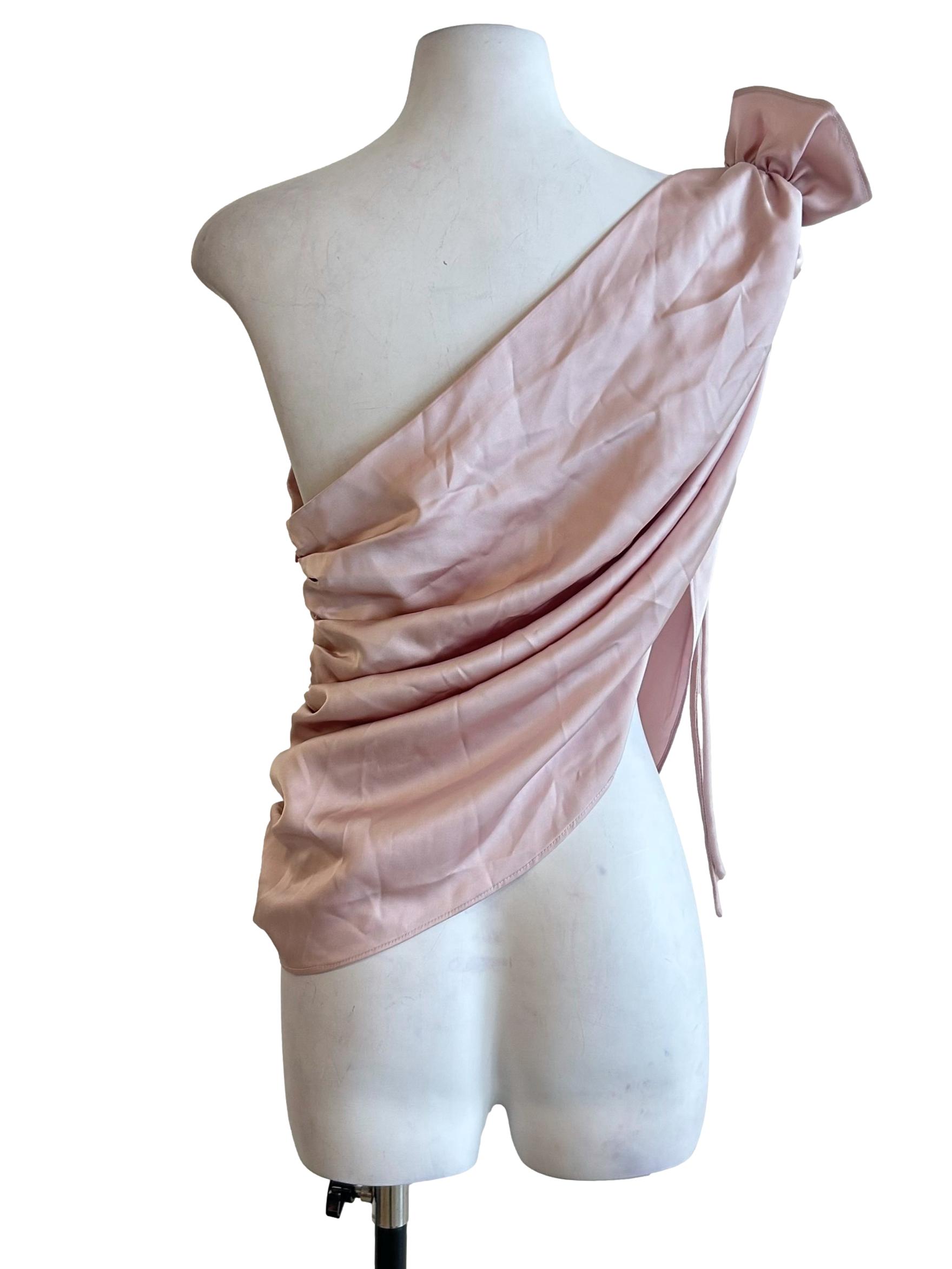 Blush Pink Satin One Shoulder Ruched Top